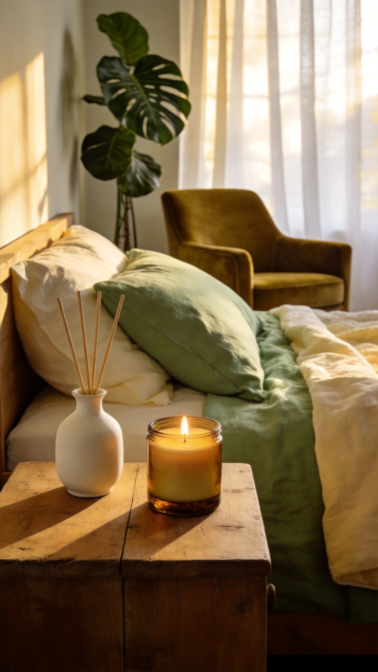A serene and cozy bedroom interior featuring a glowing soy candle and a reed diffuser on a bedside table with soft linen bedding and warm golden lighting.