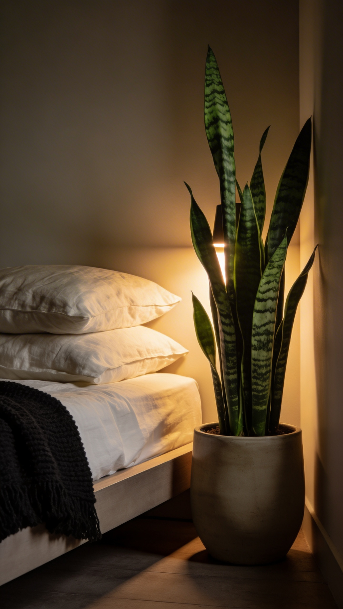A tall Snake Plant in a ceramic pot stands beside a cozy bed with plush pillows and blankets in a dimly lit bedroom.
