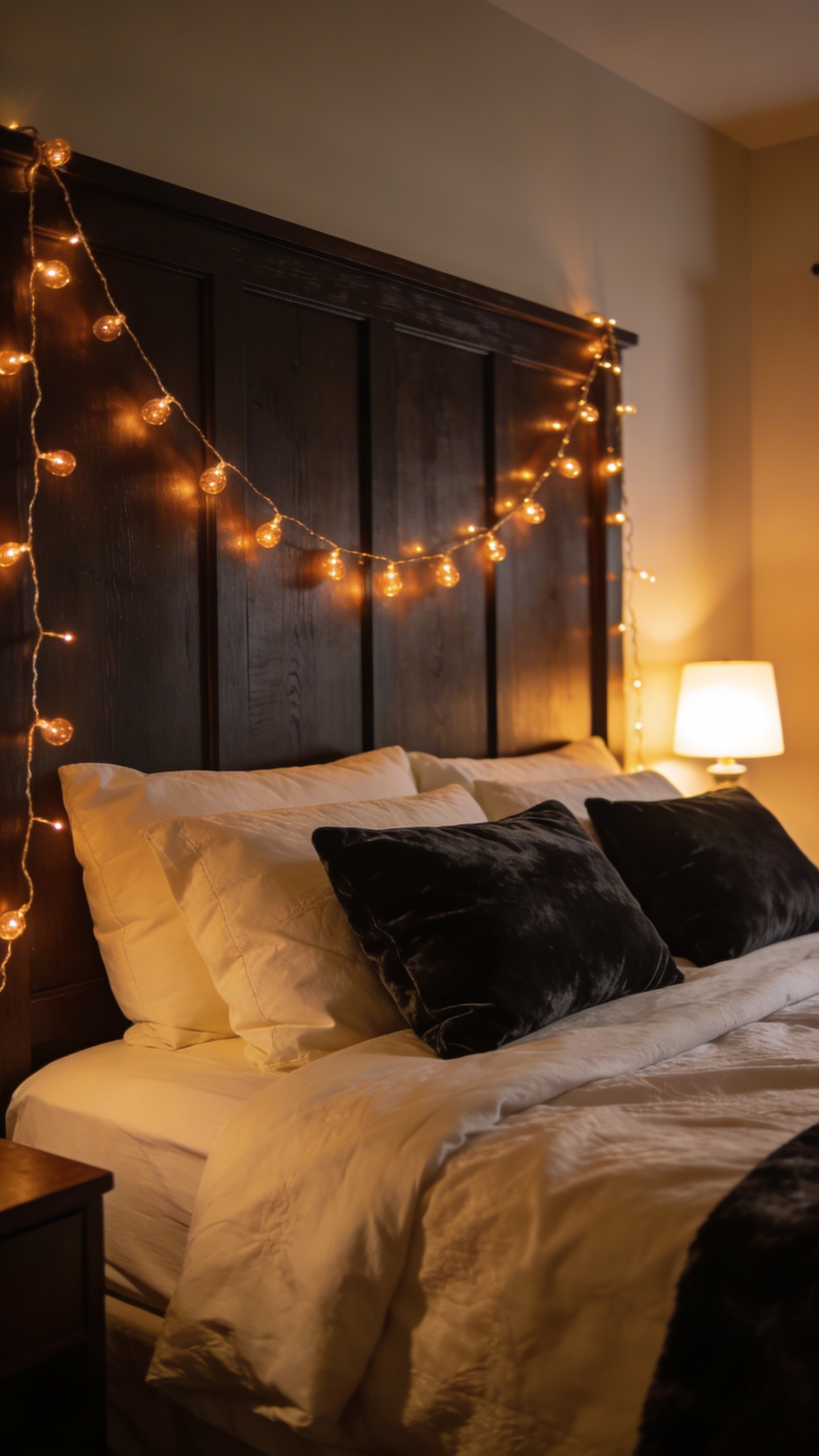 A sophisticated master bedroom with warm amber string lights draped over a wooden headboard and cozy neutral bedding.