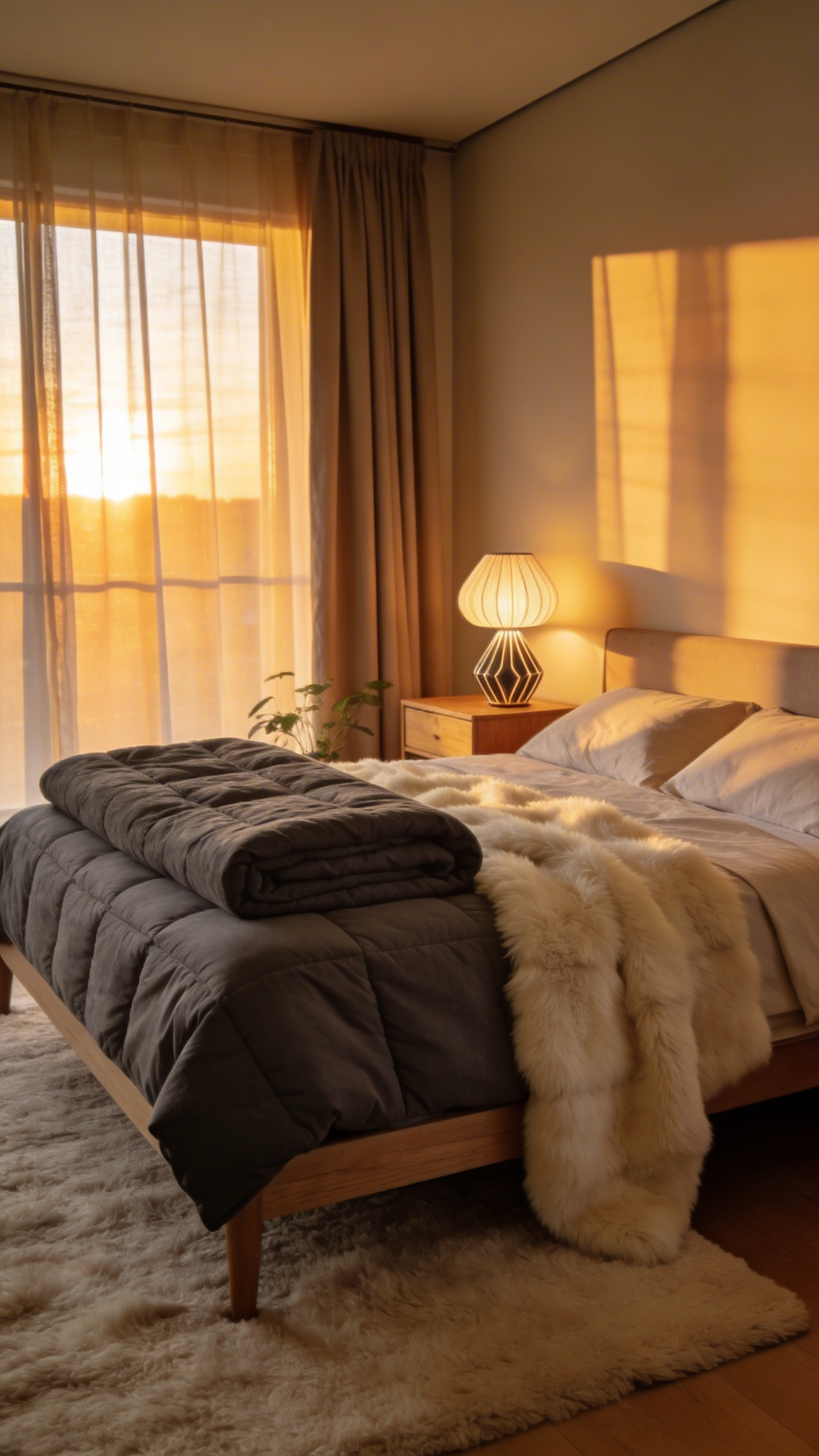 A wide shot of a comfortable bedroom featuring a bed with a heavy weighted blanket and a soft faux fur throw in warm lighting.