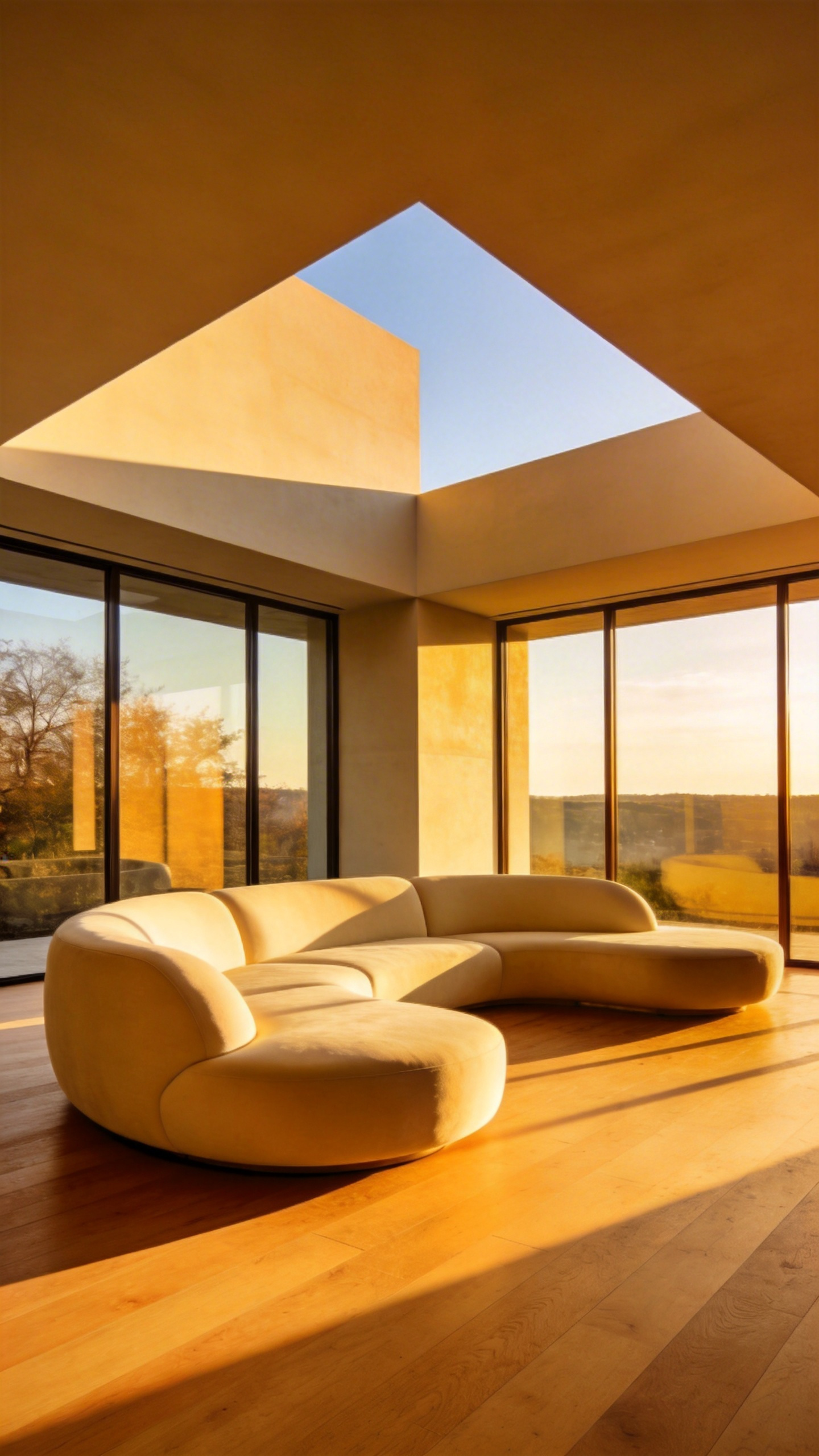 A luxurious modern living room with a large cream-colored curved sectional sofa centered in a room with sharp architectural lines and large windows.