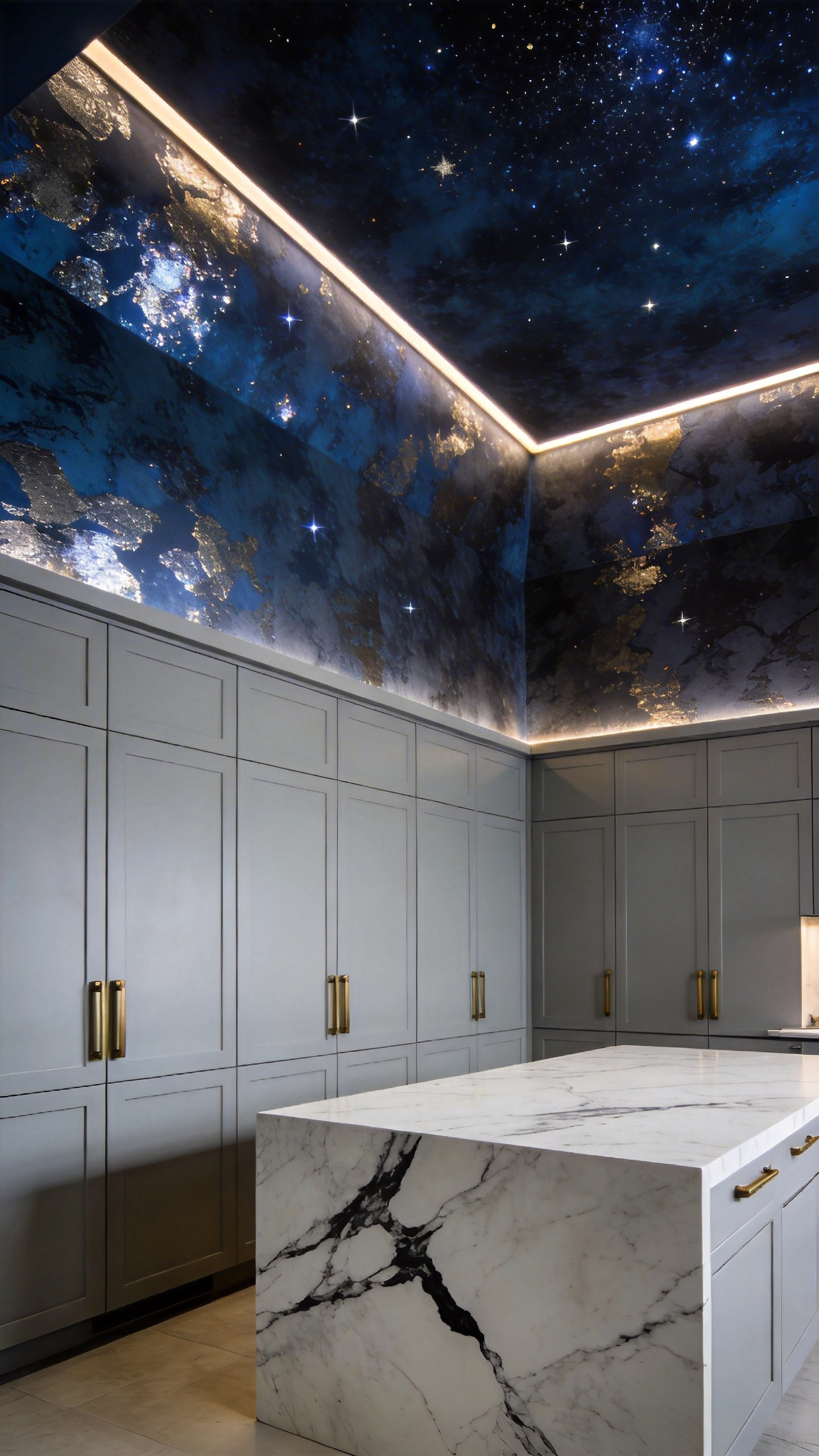 Architectural photograph of a modern kitchen featuring a dark, metallic-sheen wallpaper applied to the ceiling, creating an illusion of infinite depth over a white and gray marble island.