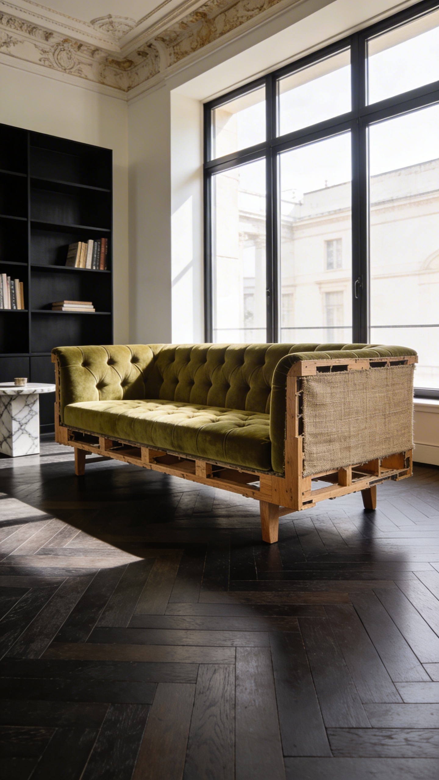 A modern deconstructed Chesterfield sofa with olive green velvet and an exposed wooden frame in a luxury living room.