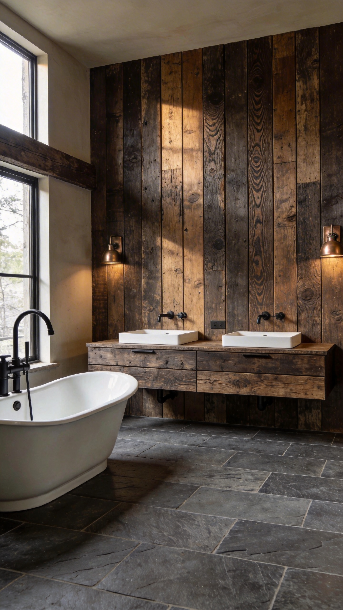 Rustic bathroom featuring a dense reclaimed old-growth wood vanity and wall paneling, highlighting the wood's durability and tight grain structure essential for high-humidity environments.
