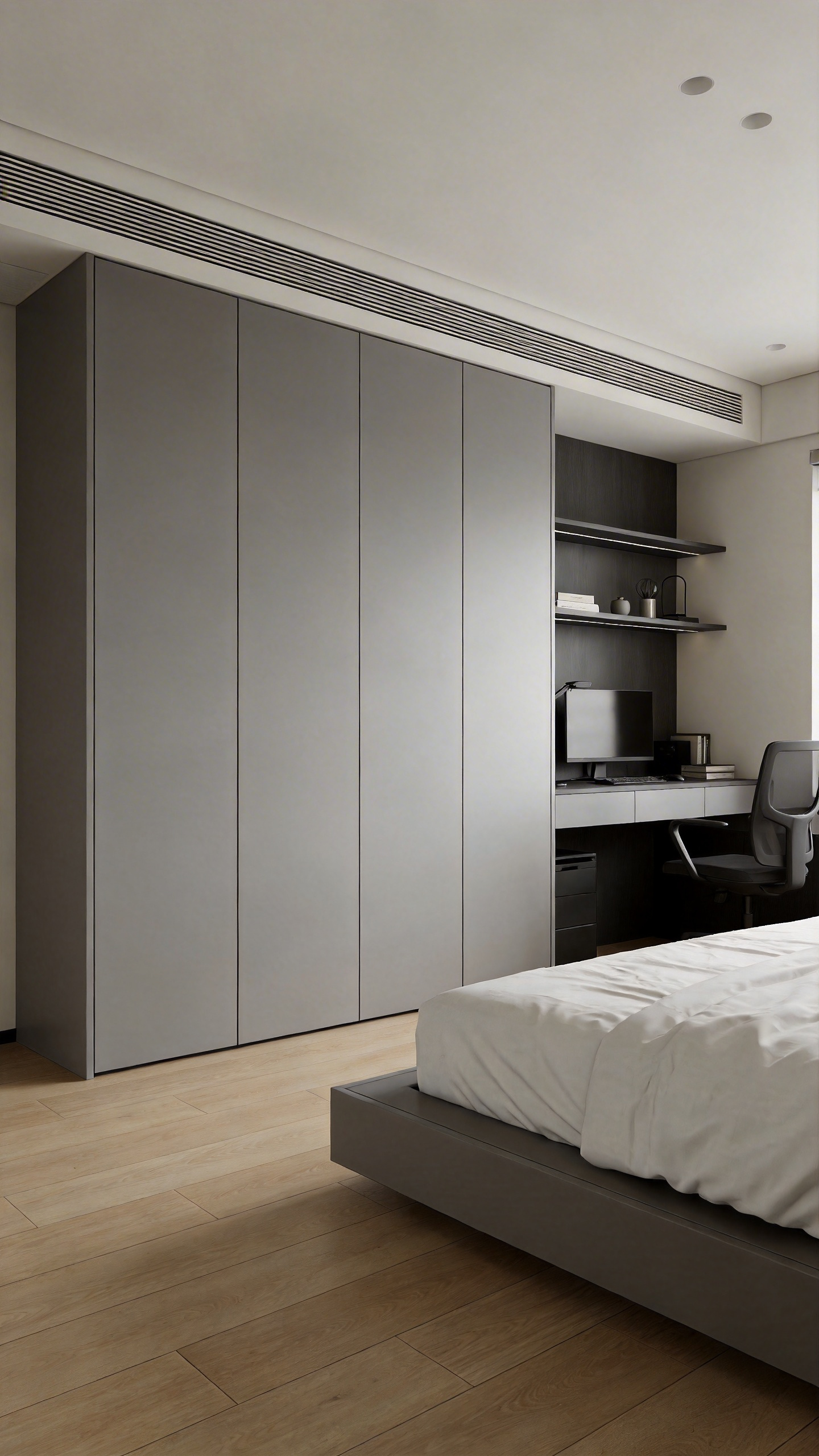 Minimalist bedroom sanctuary featuring a sleek, floor-to-ceiling built-in unit concealing a home office workspace, emphasizing visual decluttering.