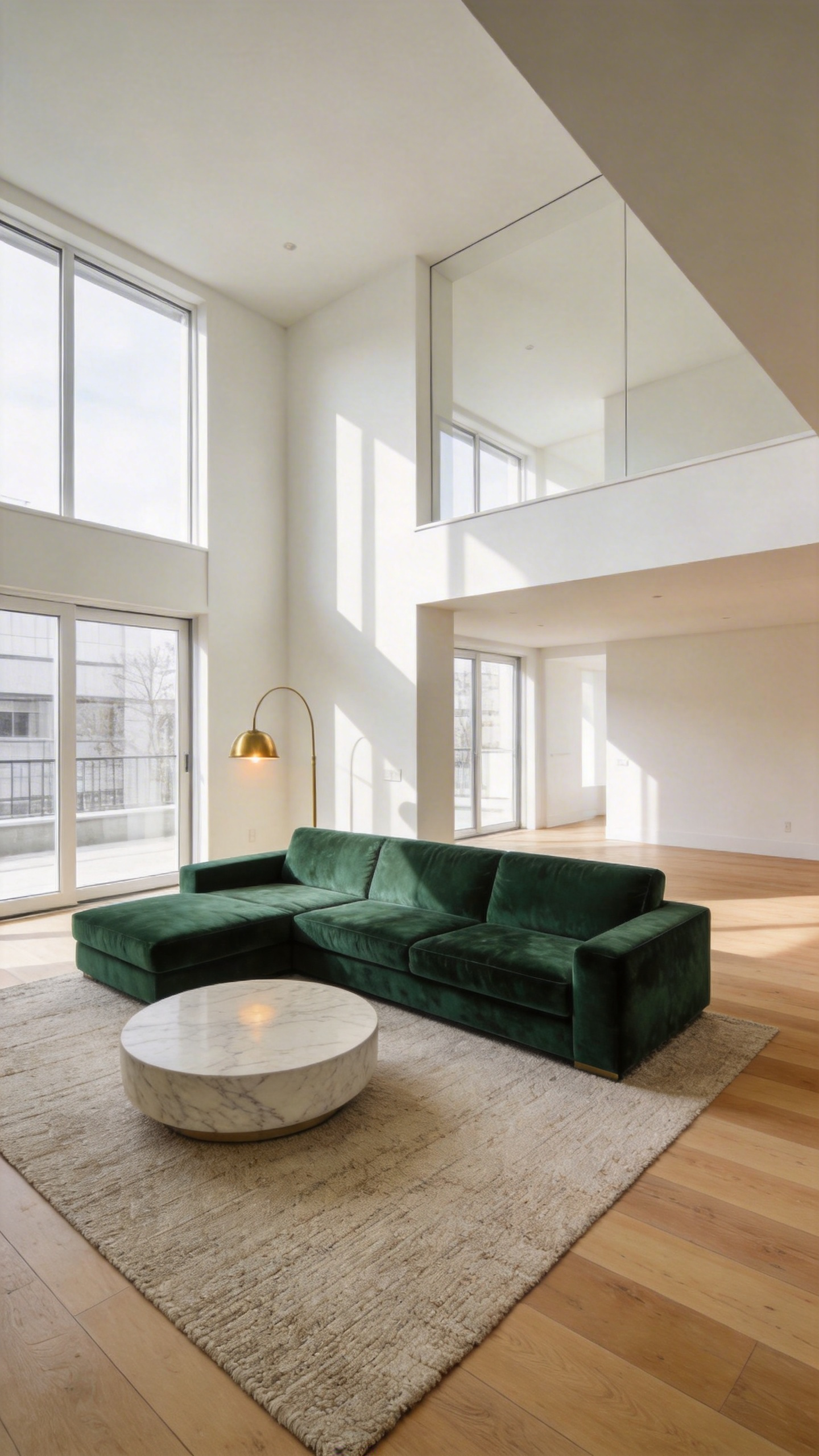 A luxurious emerald green velvet sofa serving as a focal point in a bright, modern open-concept living room with large windows and hardwood floors.