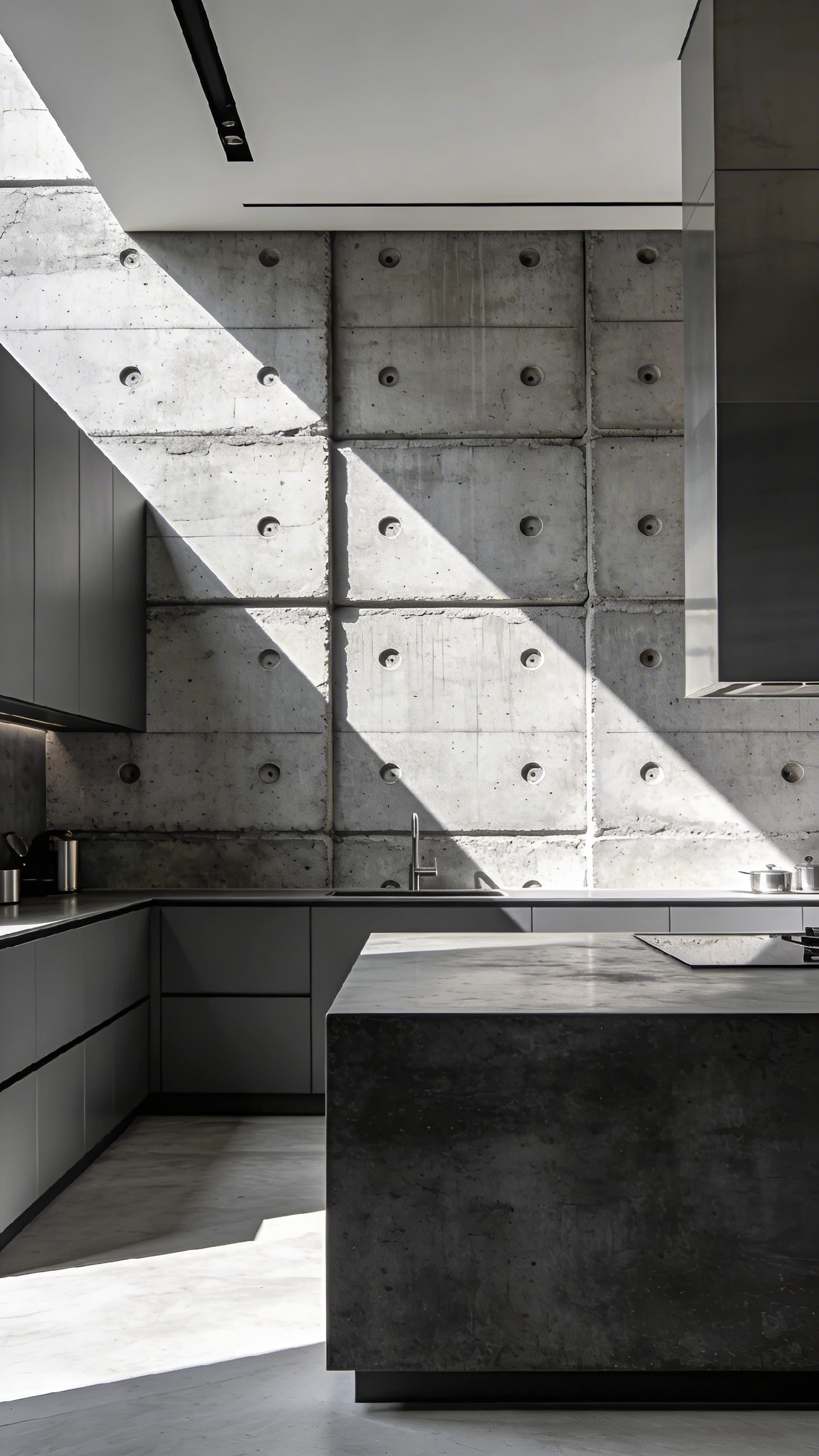 Modern kitchen interior design showcasing a prominent wall covered in photorealistic faux concrete wallpaper that replicates the Brutalist industrial aesthetic, complete with realistic formwork tie holes and minimalist dark cabinetry.