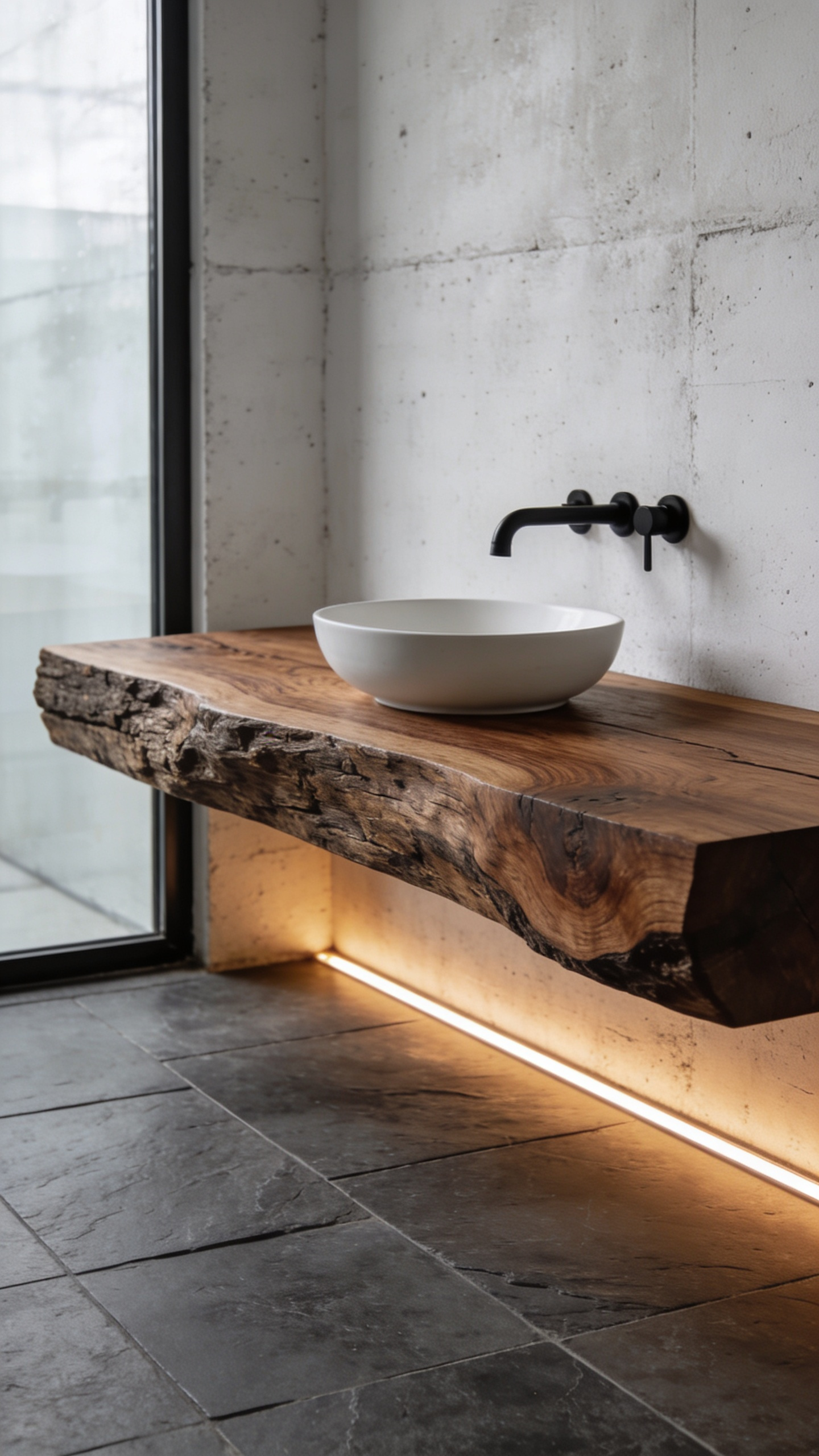 Floating rustic modern bathroom vanity made from a thick slab of live-edge walnut wood emphasizing visual weight and dynamic contrast against the open floor space.