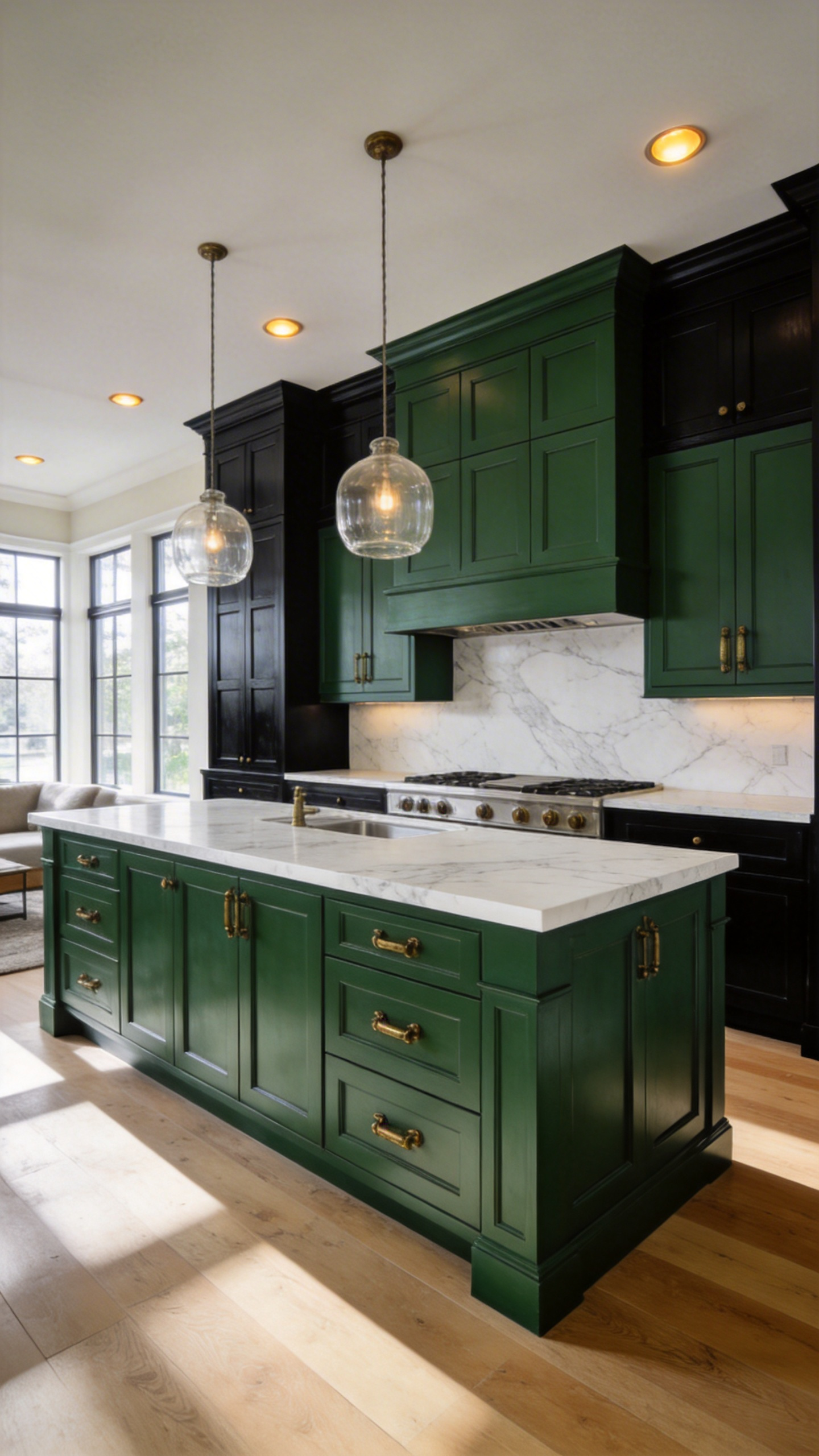 High-end open-concept kitchen featuring deep forest green cabinets, white marble countertops, and brass hardware in a large modern home.