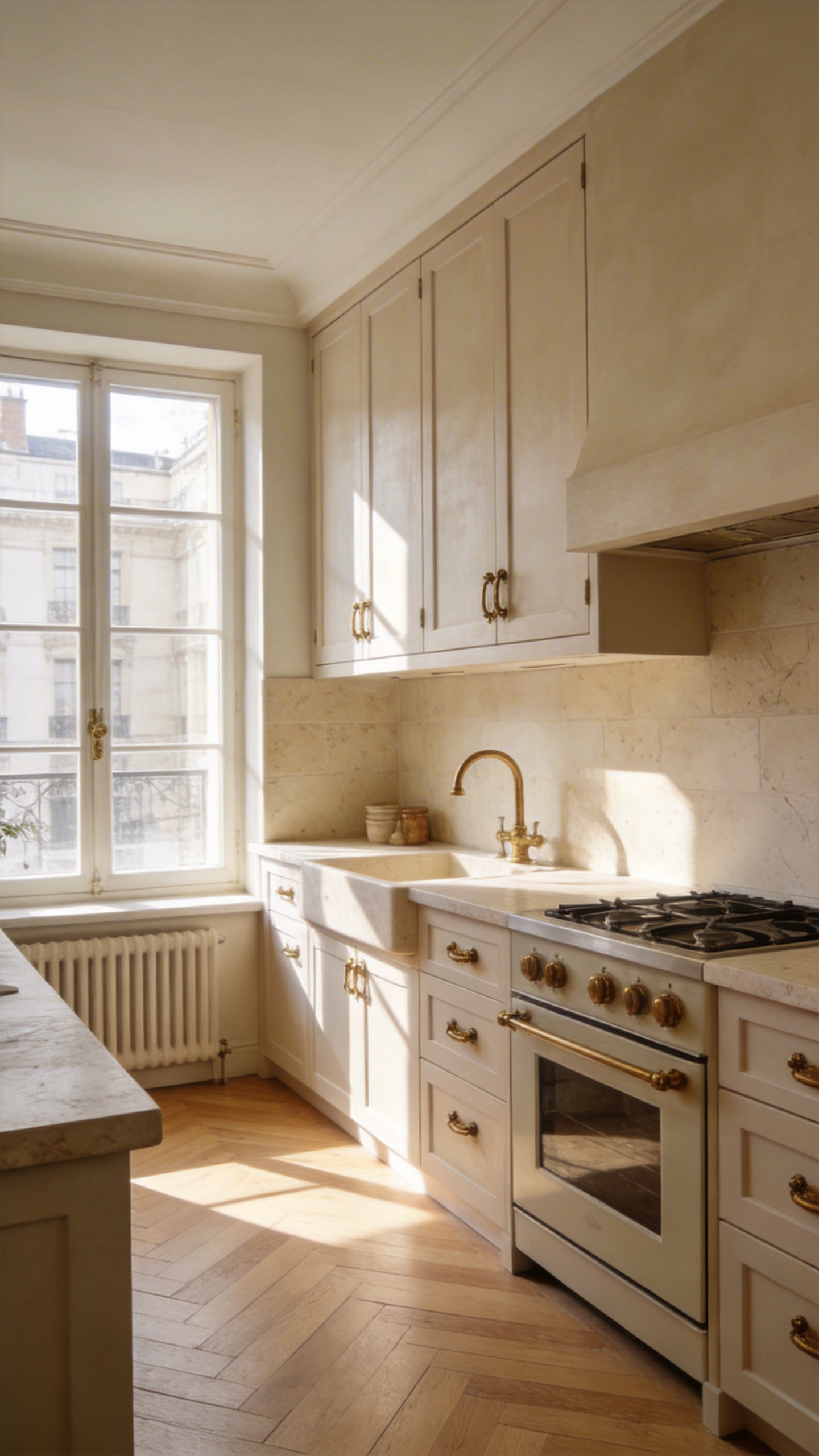 High-end kitchen with sophisticated French Canvas beige cabinets and limestone accents in a quiet luxury style.