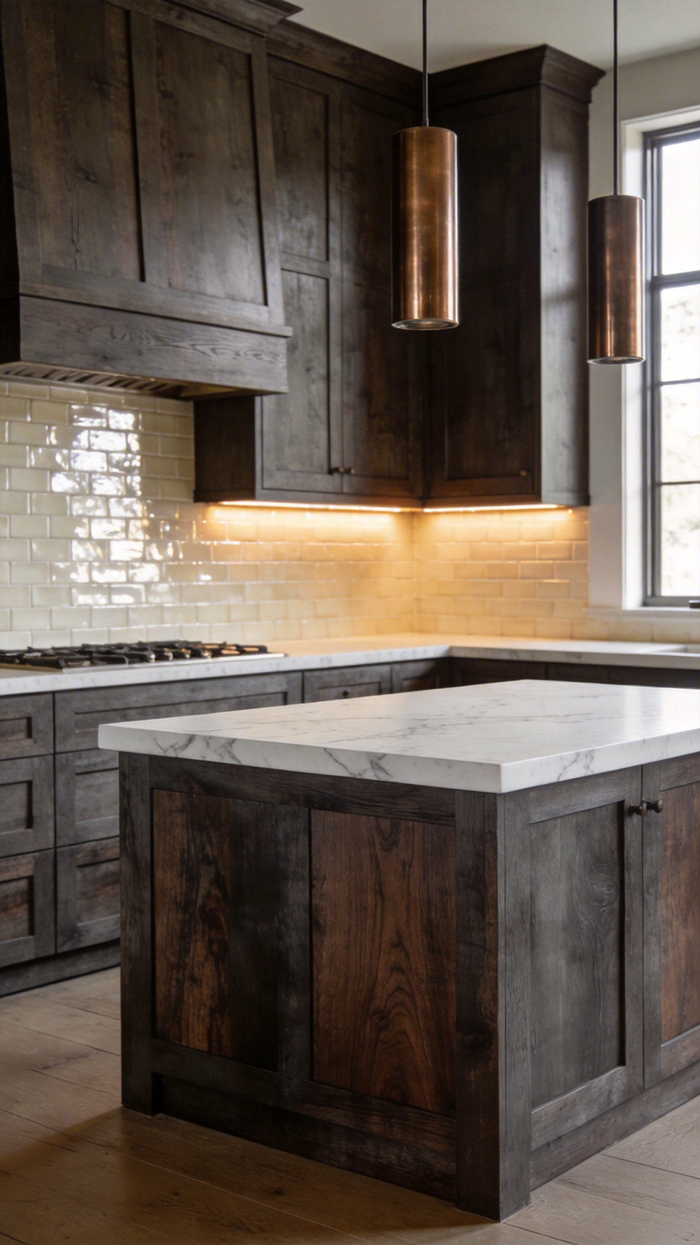 Sophisticated transitional kitchen featuring deep grayish-brown fumed white oak cabinetry, honed white quartz countertops, and minimalist bronze hardware, showcasing the wood's deep smoky color penetration.