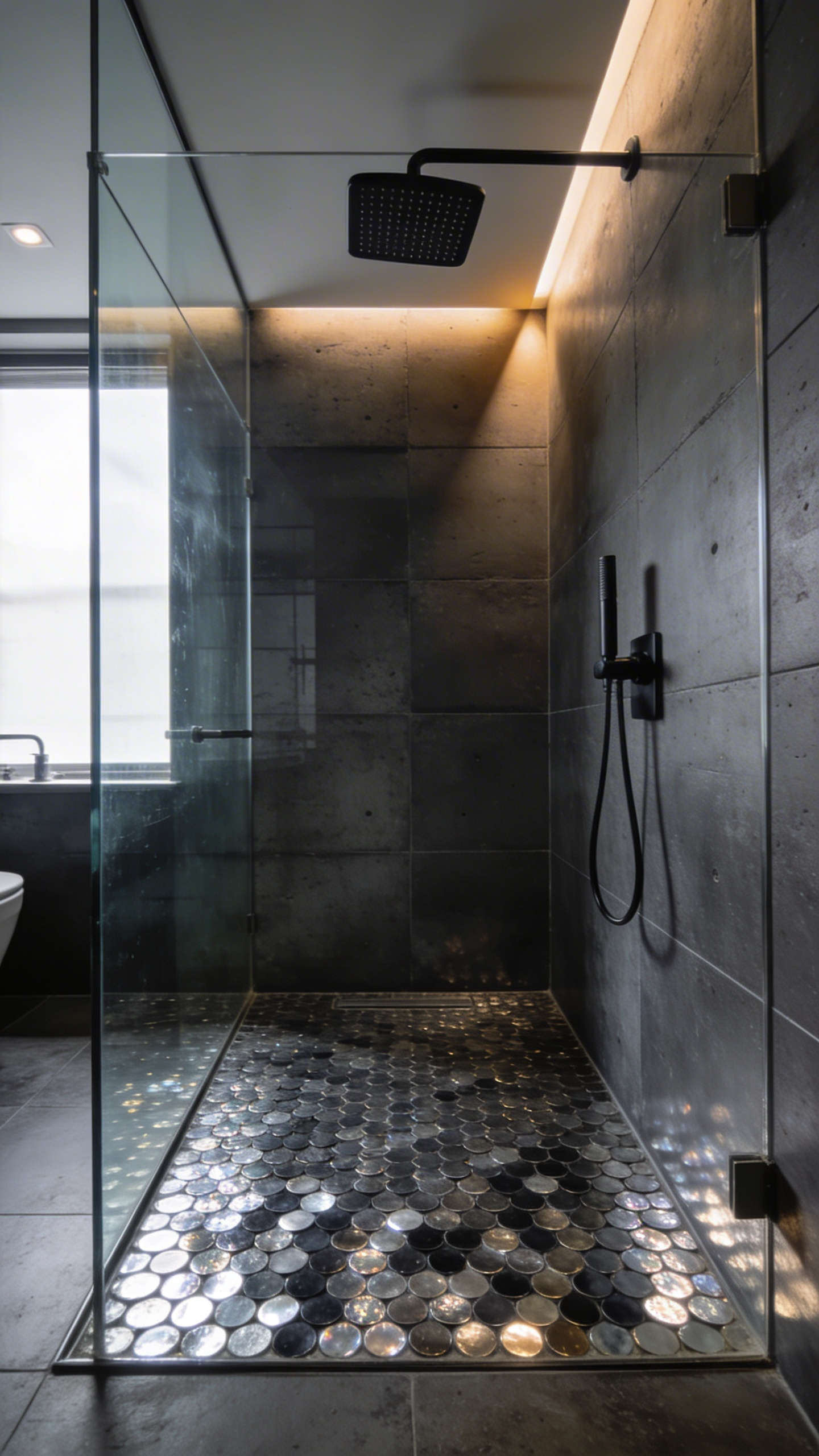 A luxurious industrial bathroom featuring gunmetal metallic penny round tiles on the shower floor and dark concrete wall tiles.