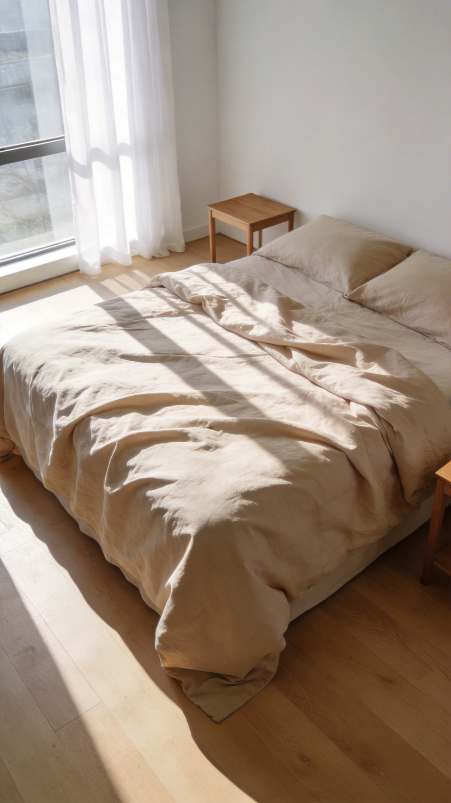 A photograph of a king-sized bed covered in weighty, high-quality oatmeal-colored linen bedding in a brightly lit, modern bedroom.