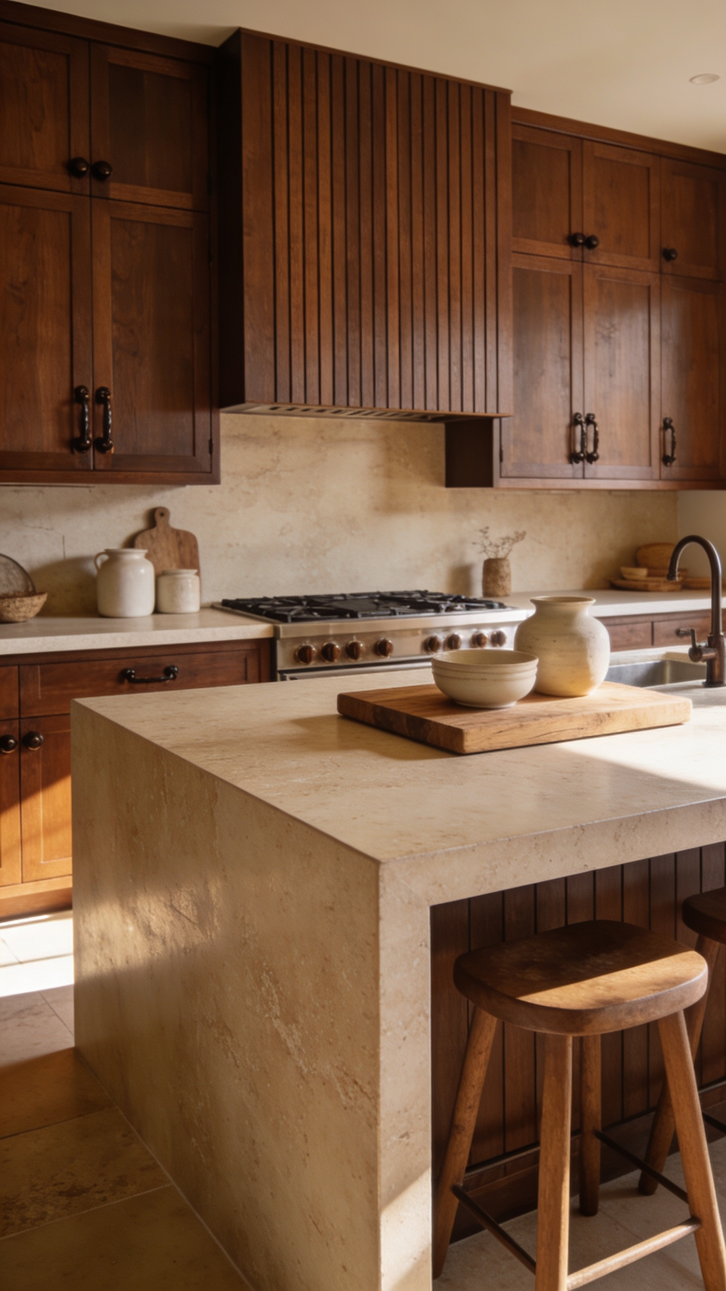 A wide view of a transitional brown kitchen featuring dark walnut cabinetry and a large island topped with a light taupe honed stone finish that provides a soft, matte texture.