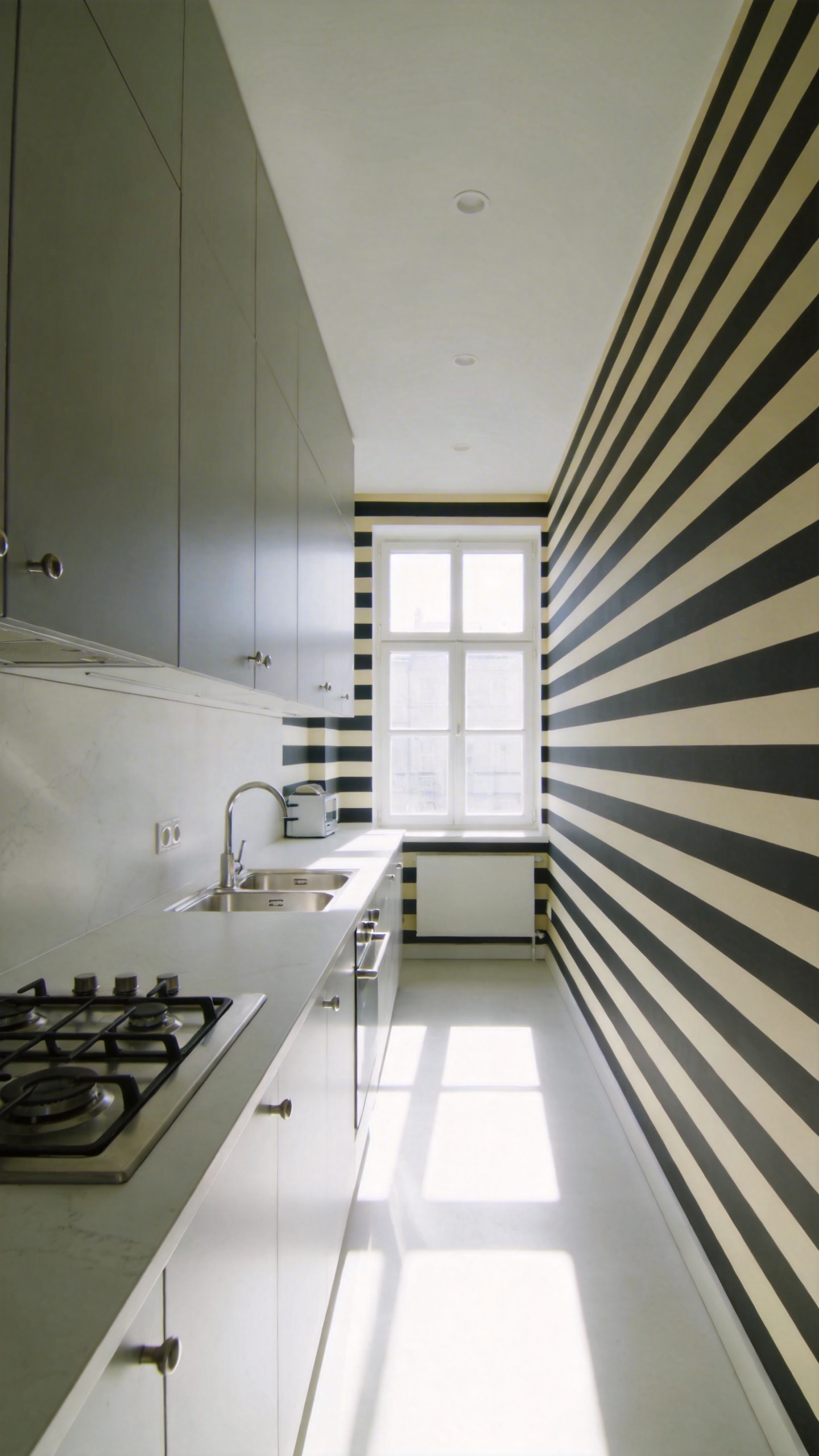 Horizontal striped charcoal and cream wallpaper visually broadens a narrow, modern galley kitchen, demonstrating optical space manipulation.