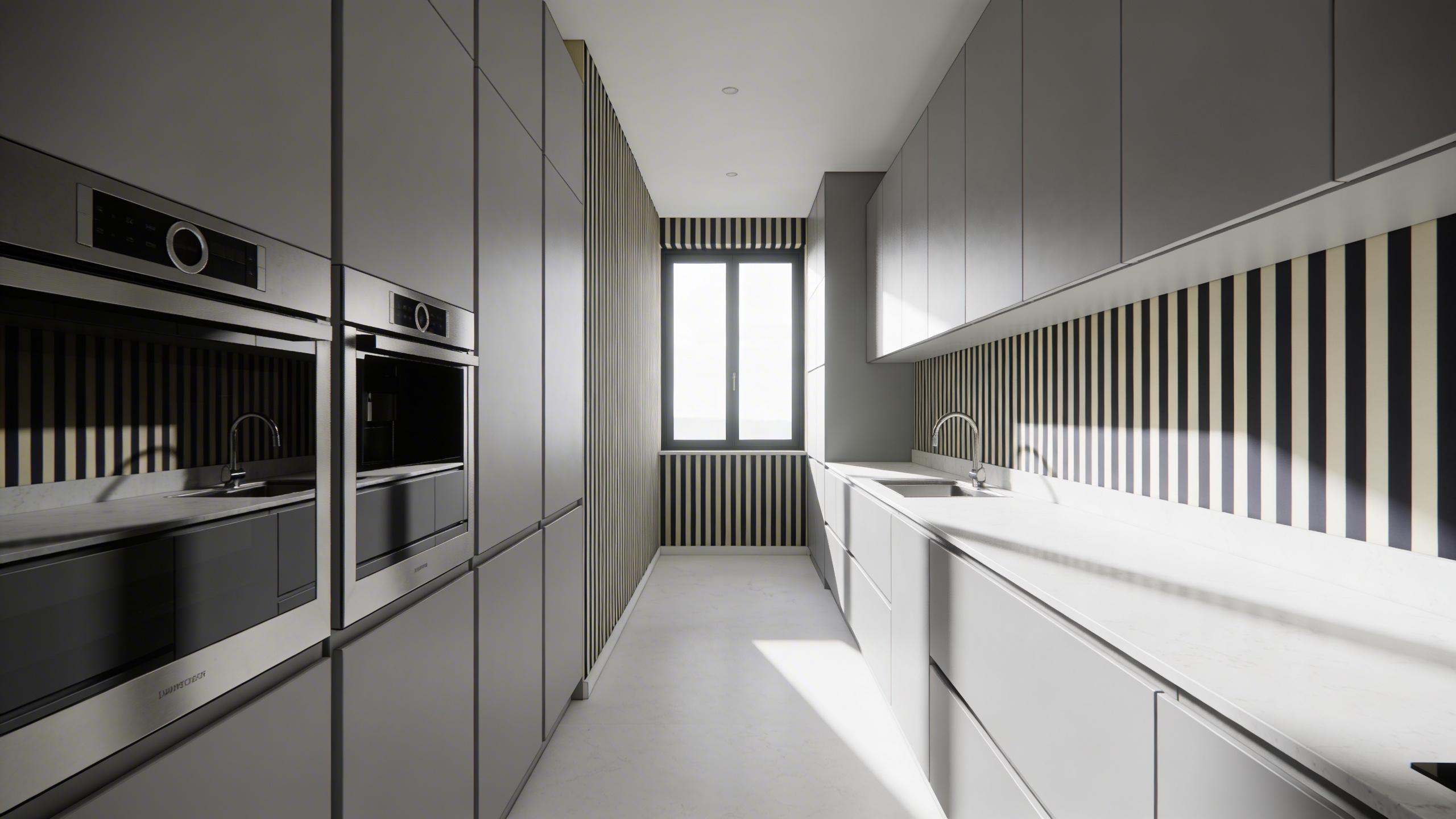 Horizontal striped charcoal and cream wallpaper visually broadens a narrow, modern galley kitchen, demonstrating optical space manipulation.