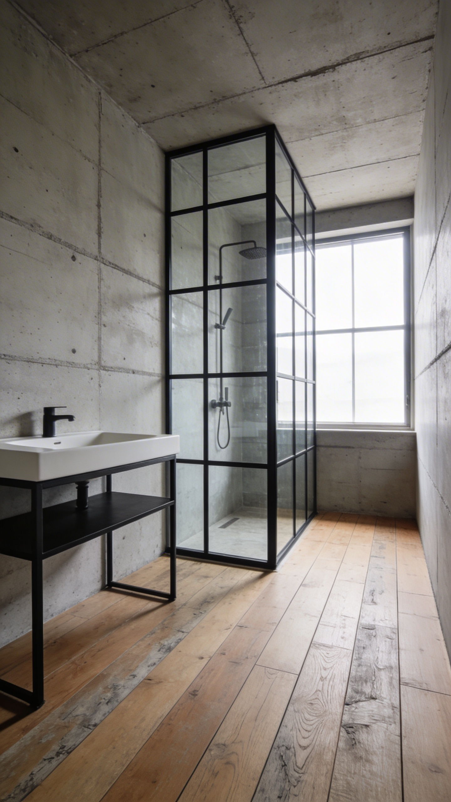 A modern industrial bathroom featuring cool-toned desaturated oak wood-look floor planks paired with gray concrete walls and black steel accents.