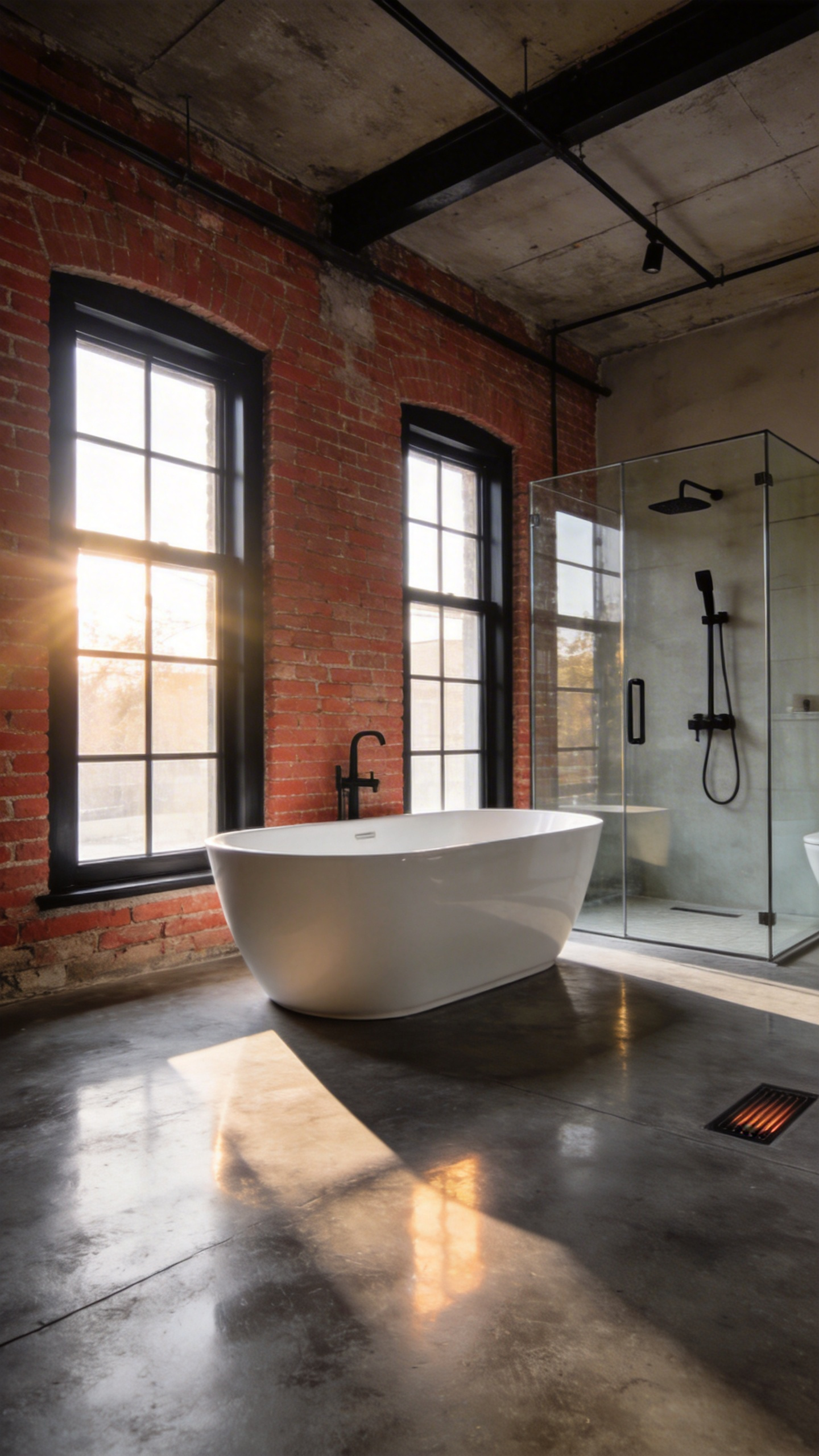 A spacious industrial style bathroom featuring polished grey concrete floors, exposed brick walls, and a white freestanding bathtub bathed in warm natural sunlight.
