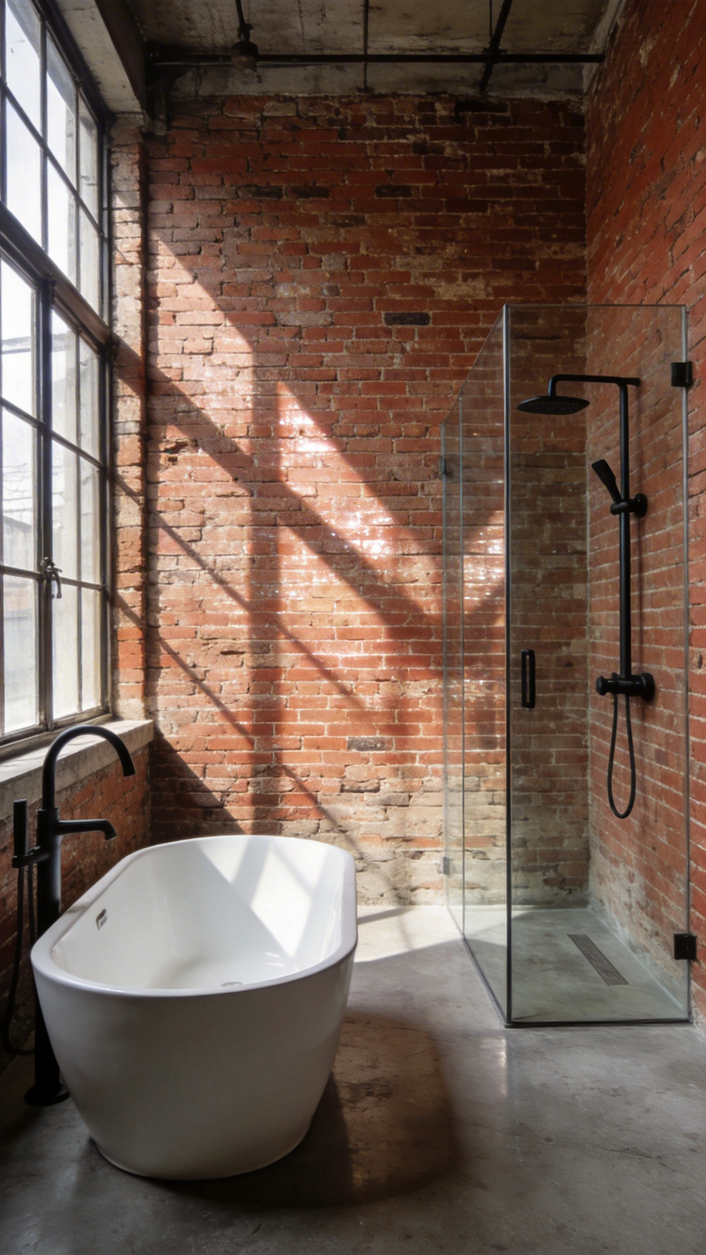 A spacious industrial bathroom showing a sealed reclaimed brick veneer wall behind a glass shower and black metal fixtures.
