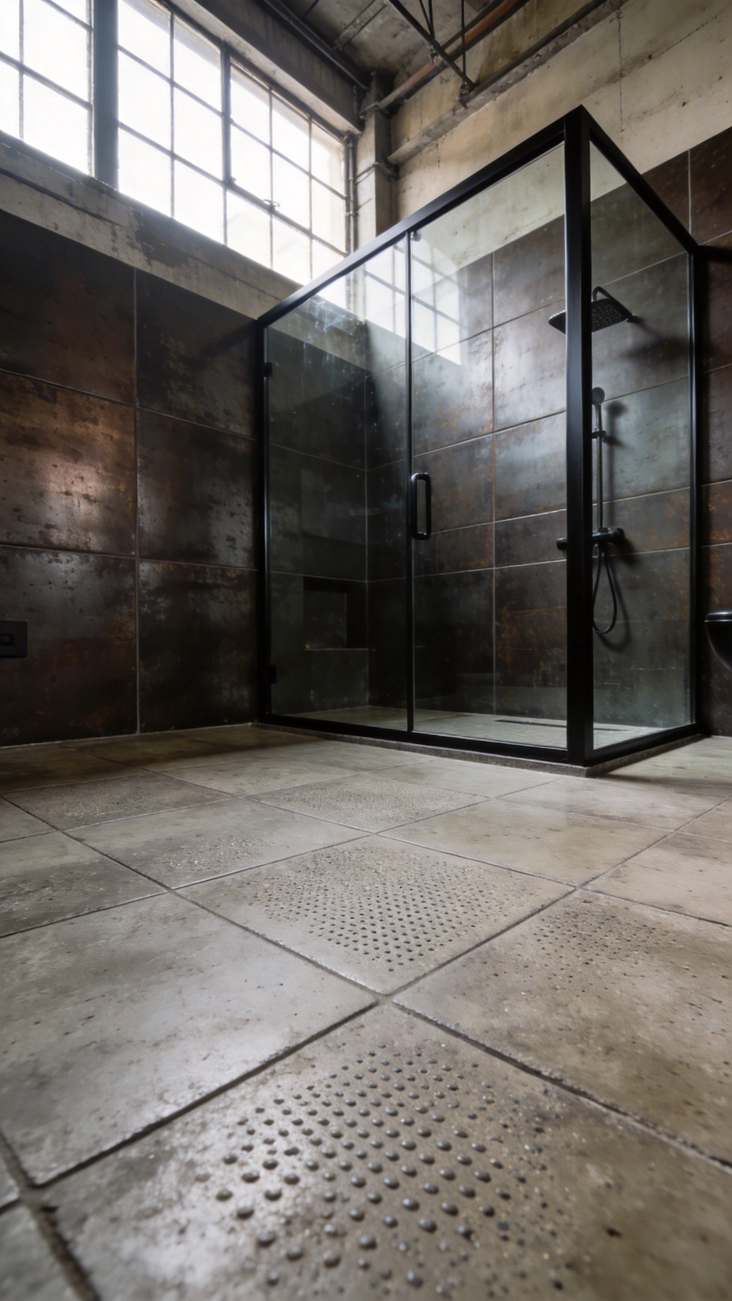 A spacious industrial-style bathroom with textured gray concrete floor tiles and dark metal wall panels designed for slip resistance in a wet zone.