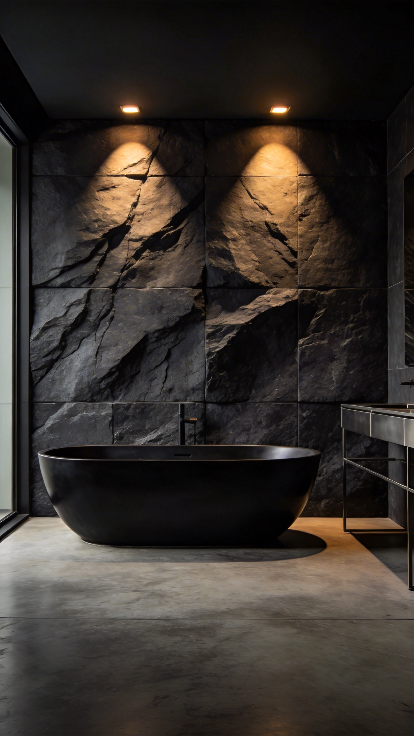 Industrial bathroom featuring textural grazing lighting on a dark split-face stone wall next to a black freestanding tub.