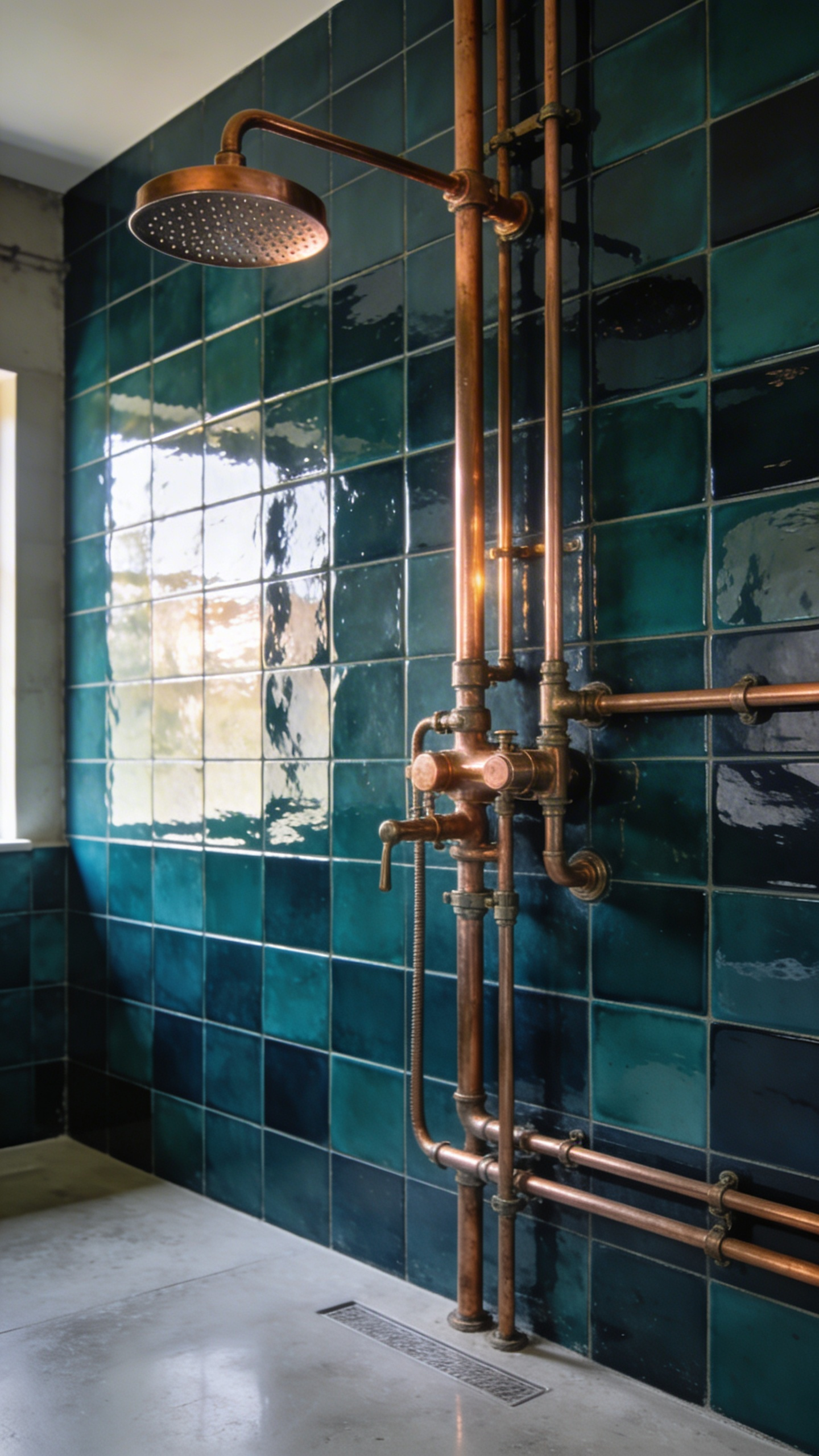 High-end industrial bathroom design featuring polished copper pipes against a dark teal tiled wall.