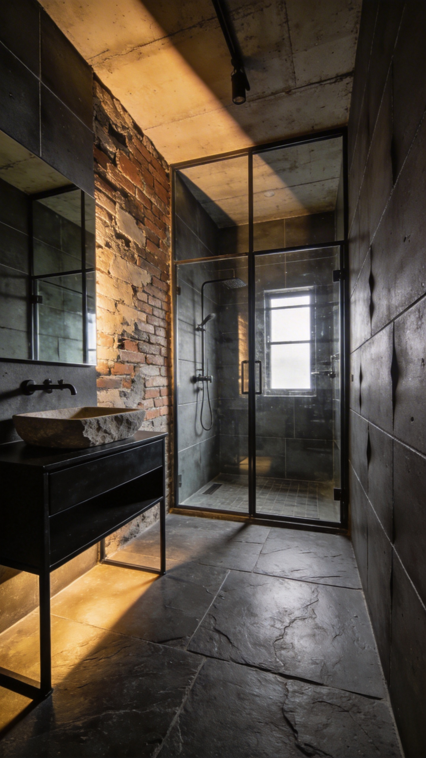 A luxury industrial bathroom featuring textured concrete walls and exposed brick highlighted by warm side lighting to create a sense of depth and warmth.