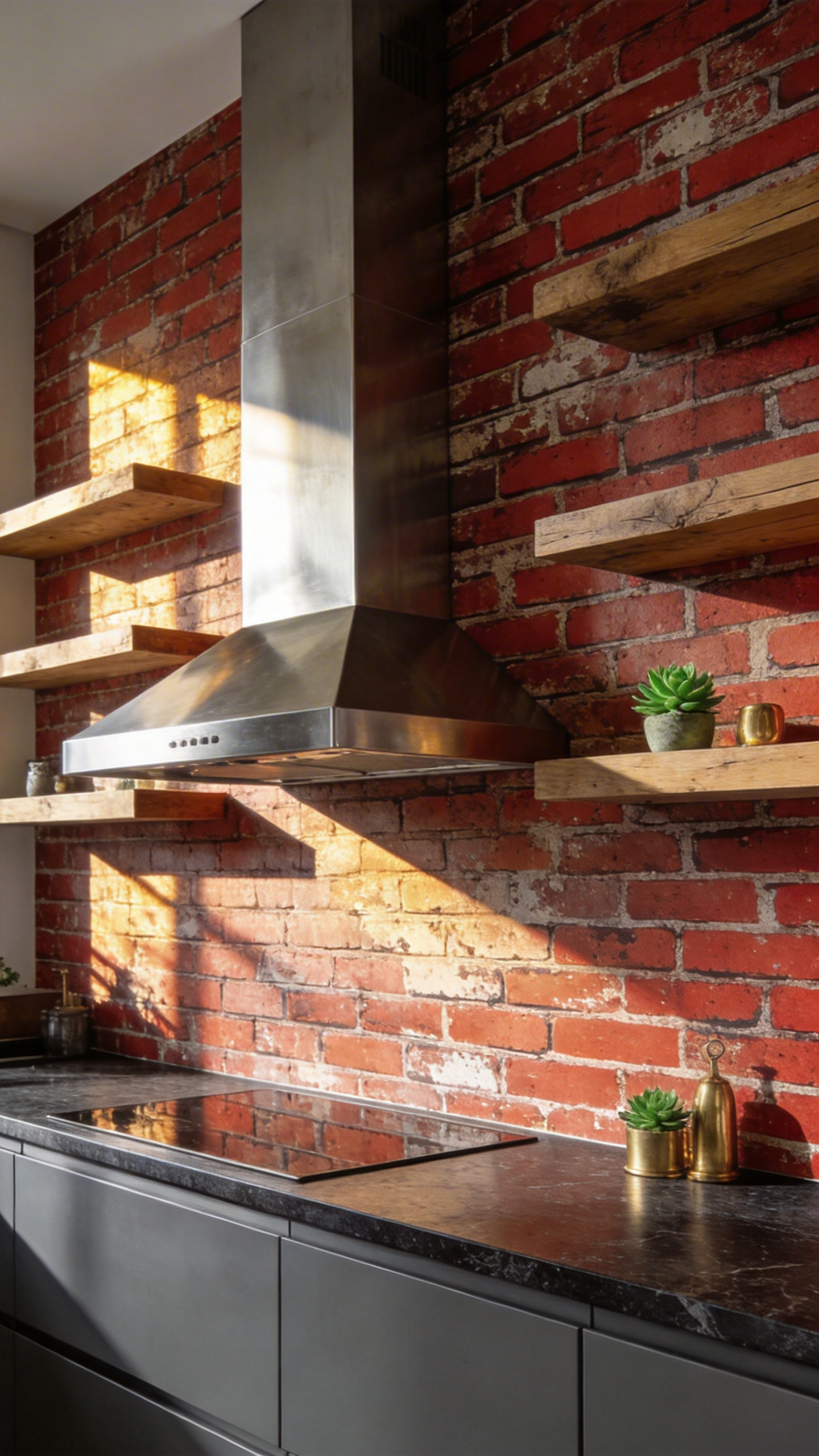 Modern kitchen with matte gray cabinets and a feature wall covered in realistic distressed red brick trompe l’oeil wallpaper, achieving an industrial loft style.