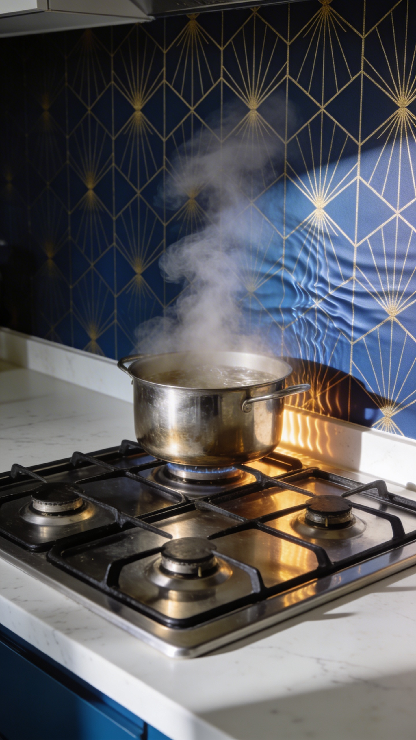A stylish navy and gold vinyl wallpaper backsplash installed directly behind a gas cooktop, showing subtle heat warping near a pot of boiling water.