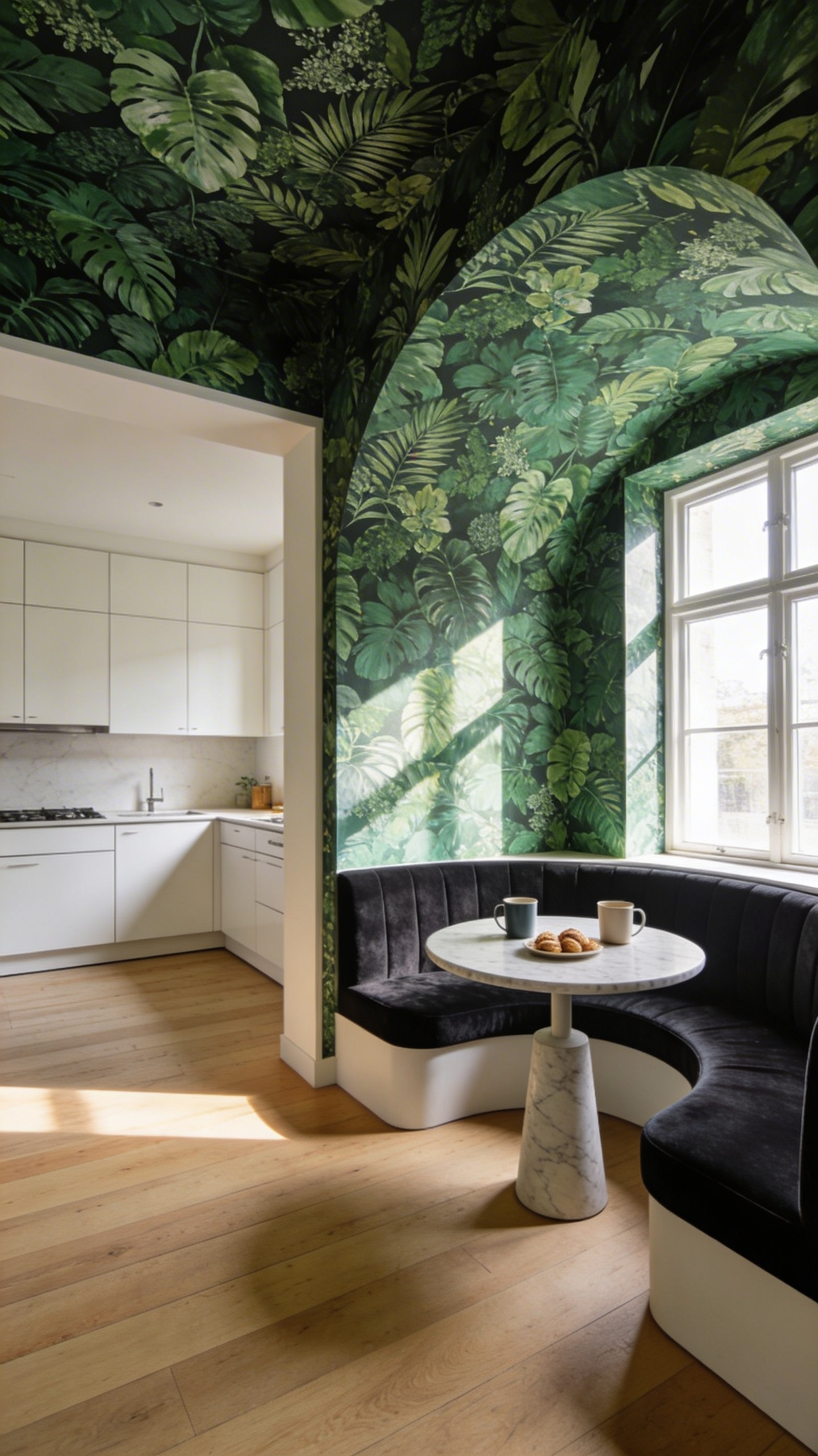 Open-concept breakfast nook delineated from the main kitchen area using immersive emerald green botanical wallpaper that wraps the walls and ceiling to create a distinct room-within-a-room effect.