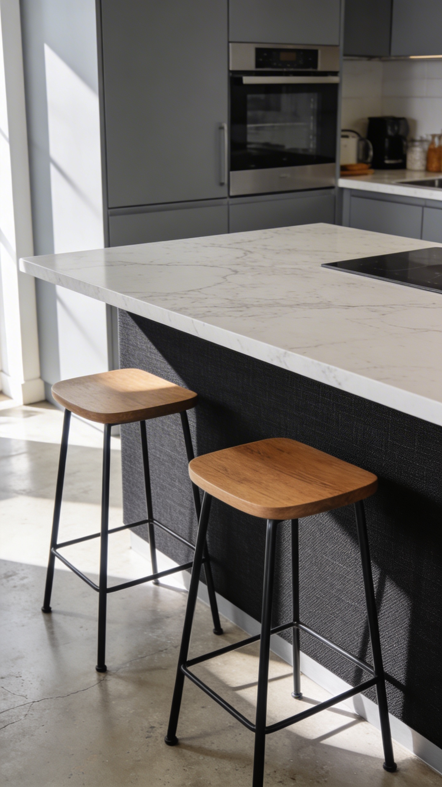 A modern kitchen island wrapped in protective, heavy-duty charcoal gray textured commercial vinyl designed to prevent scuffs in the high-kick zone.