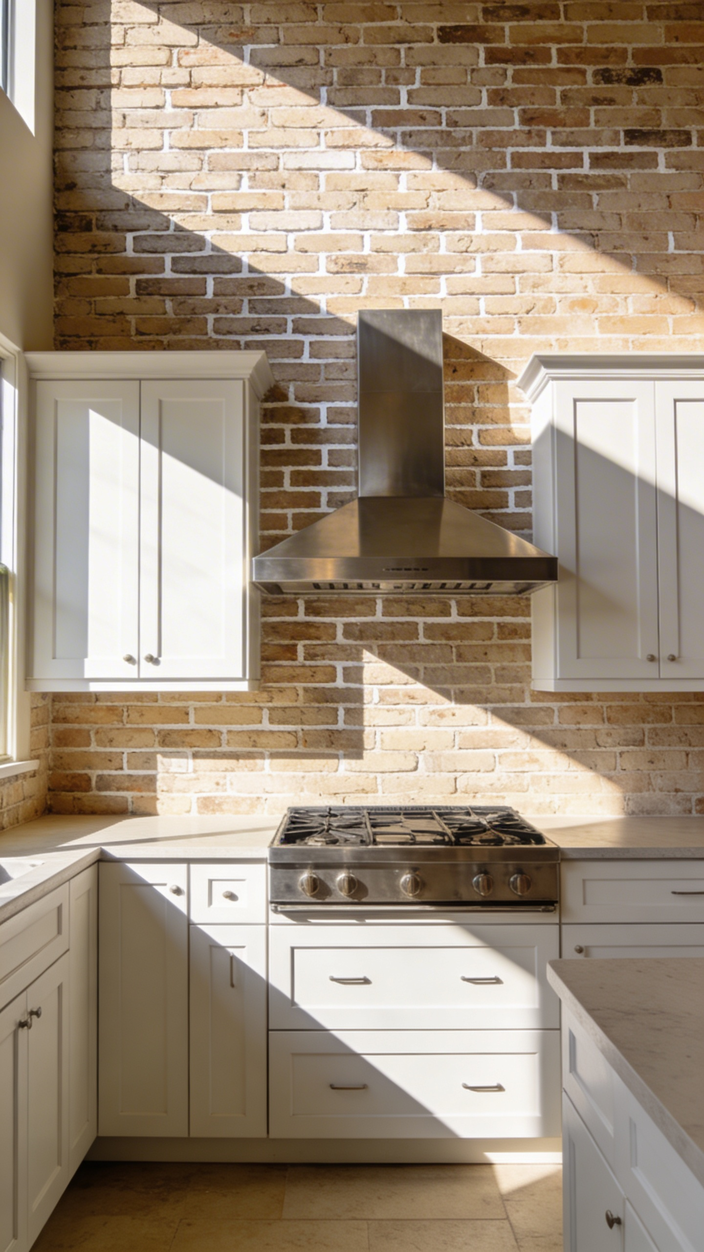 A transitional kitchen featuring an accent wall made of textured, light-colored brick veneer, dramatically lit to showcase the depth of the mortar joints, used as an architectural alternative to flat wallpaper.