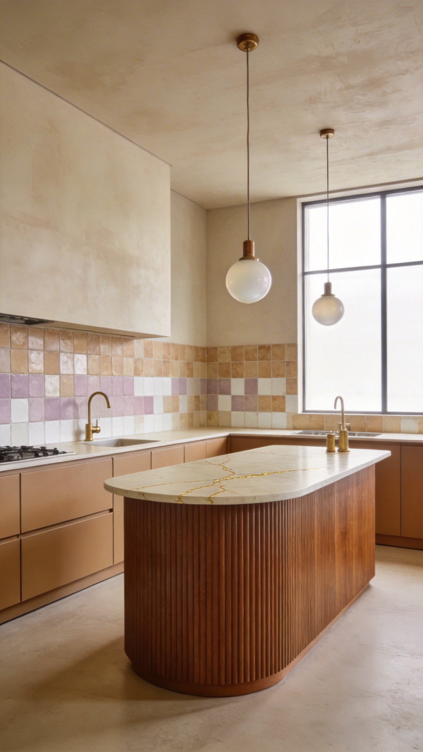 A modern organic kitchen featuring warm 'Latte Layer' tones, including matte fawn cabinetry, a caramel oak fluted island, and a textured beige Zellige tile backsplash under soft diffused light.