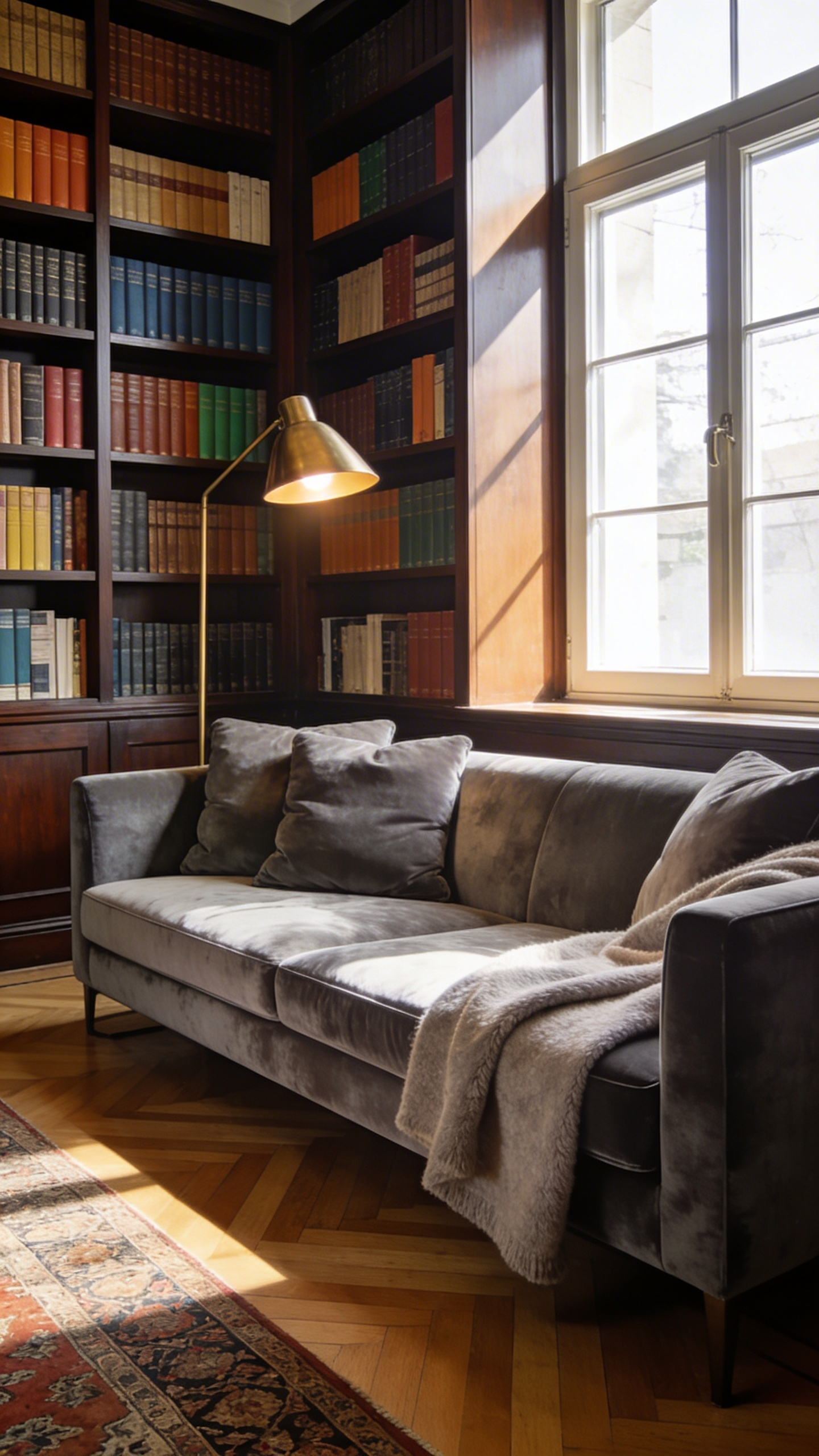 A deep-seated charcoal velvet sofa in a home library surrounded by floor-to-ceiling bookshelves.