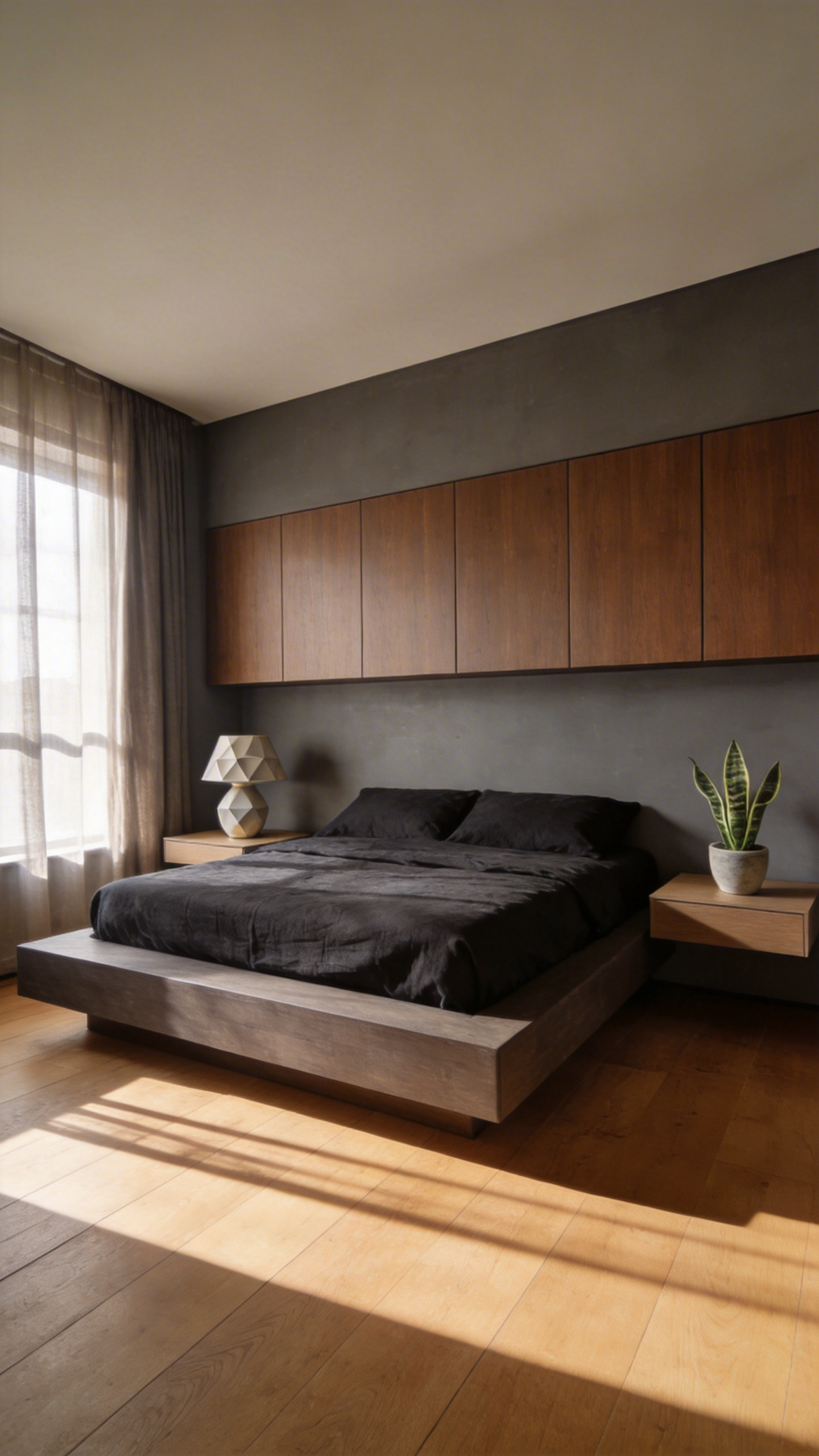 A wide view of a functional minimalist bedroom featuring a low platform bed, integrated storage, and muted earth tones, emphasizing intentional design over aesthetic excess.