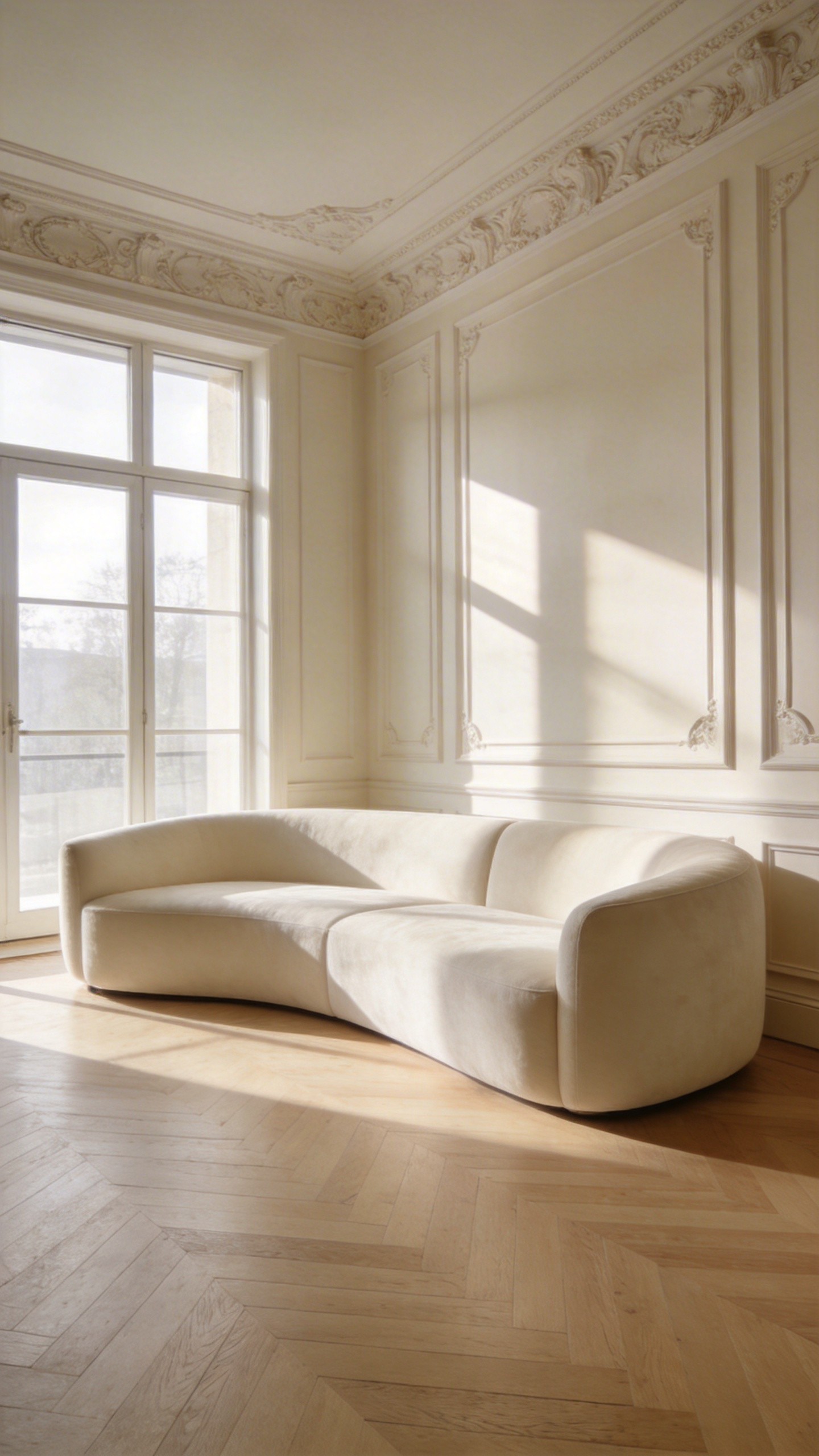 A minimalist cream living room featuring a tone-on-tone cream sofa that matches the wall color exactly using chromatic drenching.