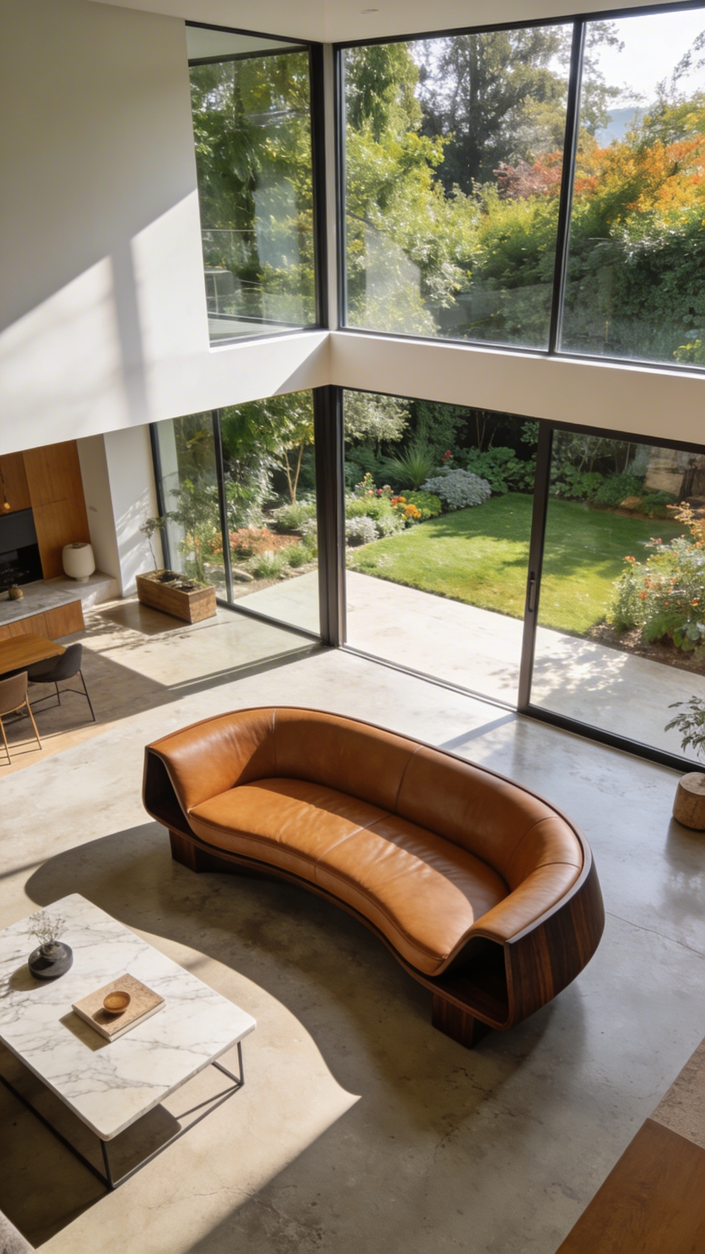 A modern low-profile daybed hybrid in a bright, open-concept living room with large windows showcasing architectural visual flow.