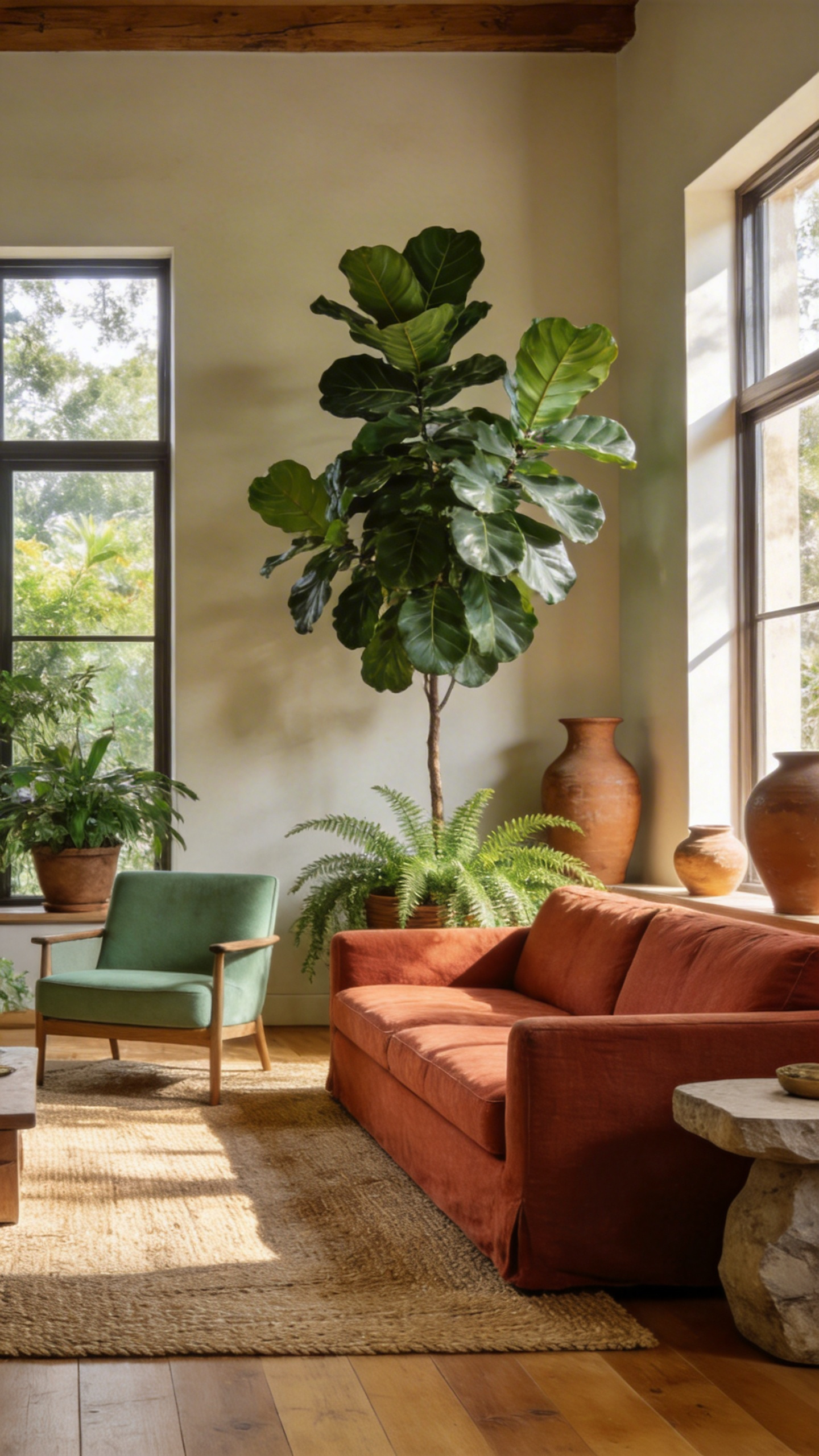 A high-end living room with a terracotta linen couch and sage green chair styled with natural wood elements and indoor plants.