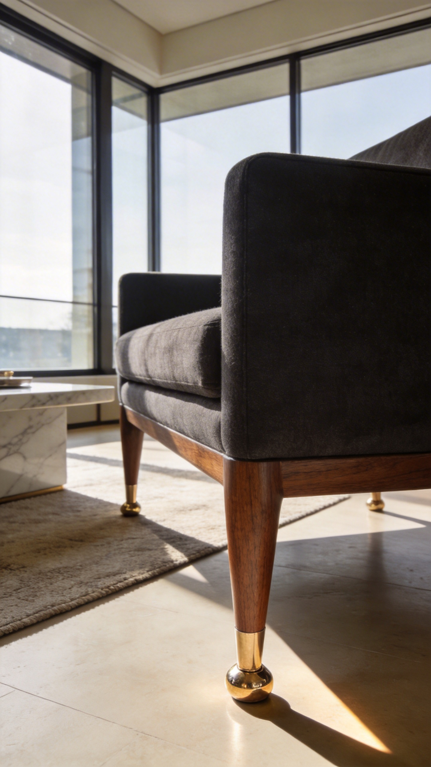 A luxury living room couch with walnut legs and brass accents in a modern sunlit home.