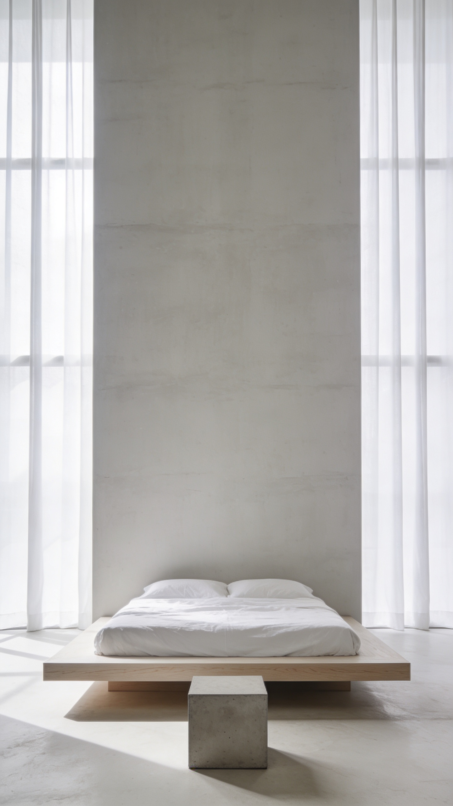 Low-profile minimalist bedroom showcasing a white platform bed and high ceilings, illustrating how grounded furniture maximizes vertical volume and perceived spaciousness.