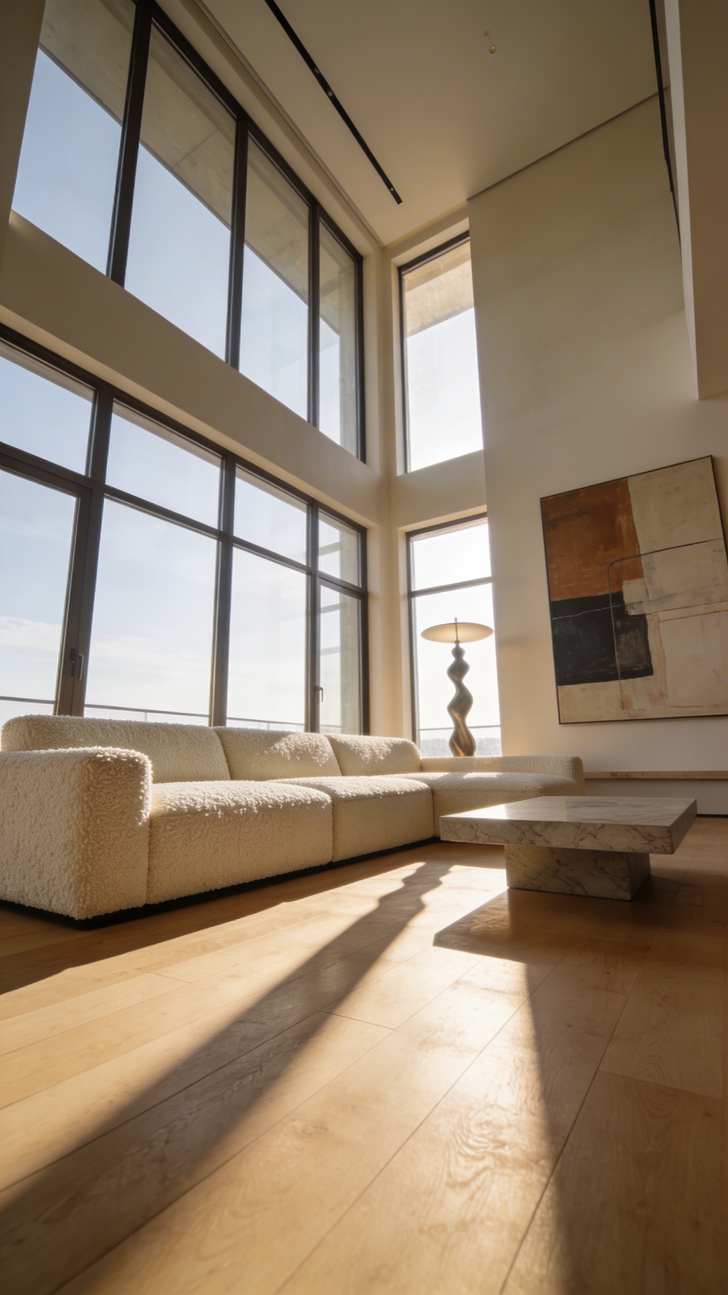 A minimalist living room featuring a low-profile modular sofa that creates an illusion of high ceilings and spaciousness.