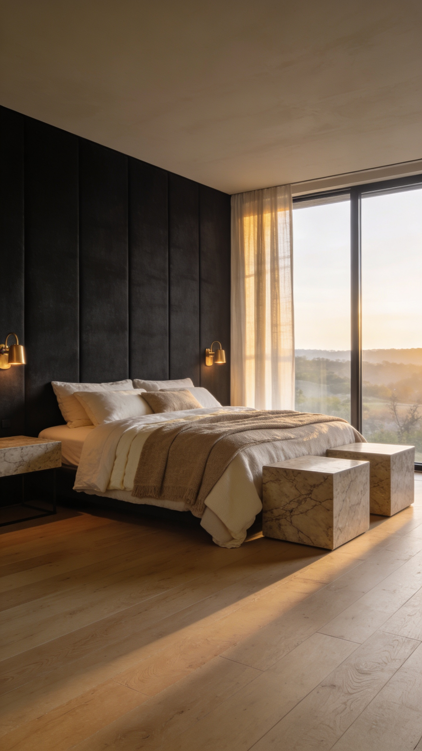 A wide view of a luxury master bedroom with a bed anchored against a solid charcoal wall, illustrating the neuro-architectural principle of Prospect and Refuge for better rest.