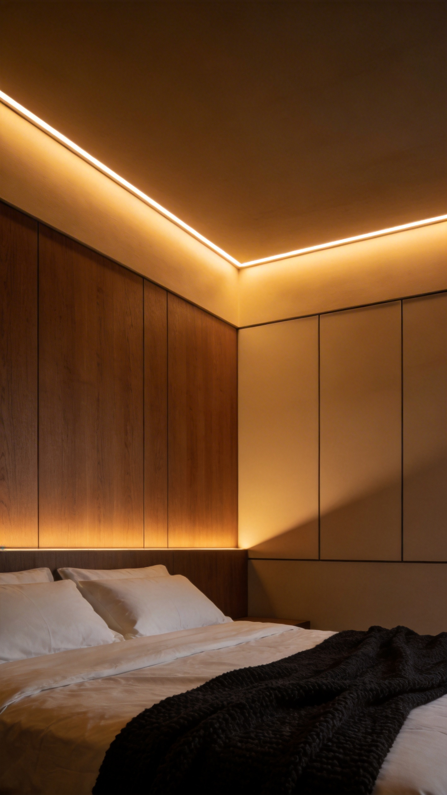 A modern luxury bedroom featuring soft, golden amber Circadian Integrated Lighting (CIL) designed for evening wellness, integrated subtly into the ceiling and wall panels.