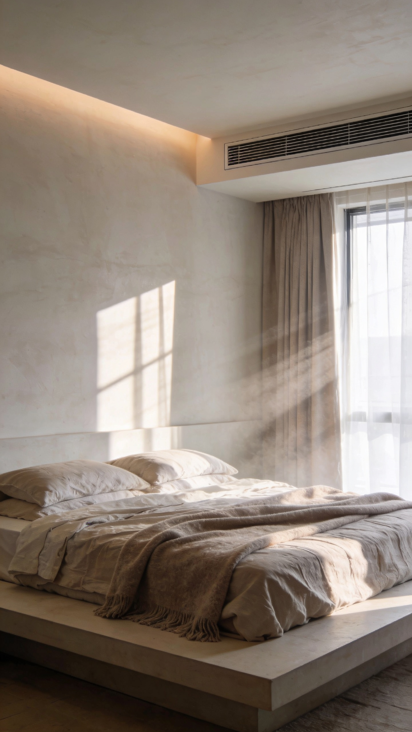 A wide photograph of a clean, luxury master bedroom featuring integrated design. Focus is on the minimalist aesthetic with layered taupe linens and a flush-mounted linear HVAC vent visible on the wall, representing whole-home scent diffusion and invisible utility.