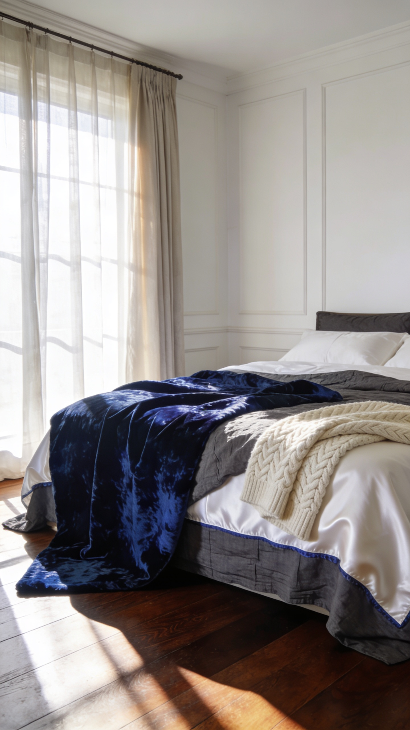 A photograph of a king-sized bed expertly layered with rich, varied textiles including sapphire velvet, crisp linen, and chunky knit blankets, emphasizing luxurious haptic design and complex texture for a modern bedroom makeover.