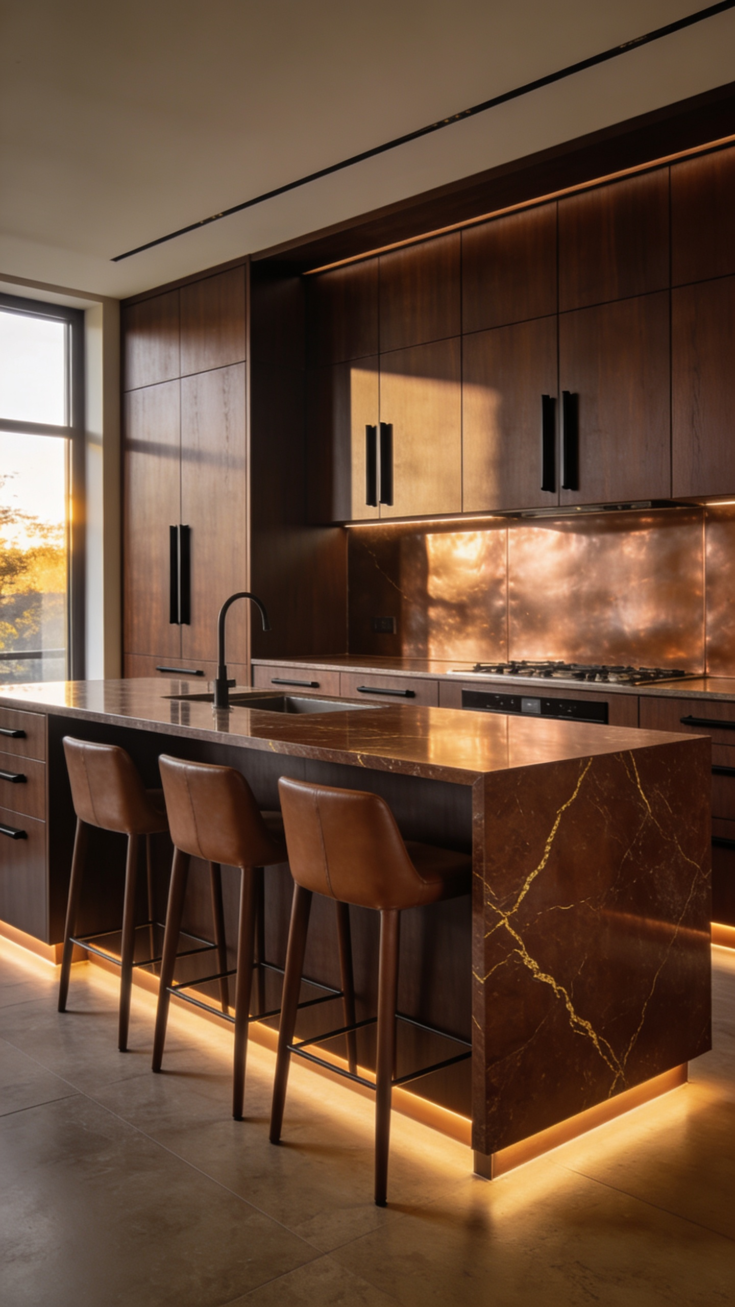 A luxurious, spacious modern kitchen featuring dark walnut cabinetry and brown quartz countertops, designed to evoke sophistication and security in high-end investments.