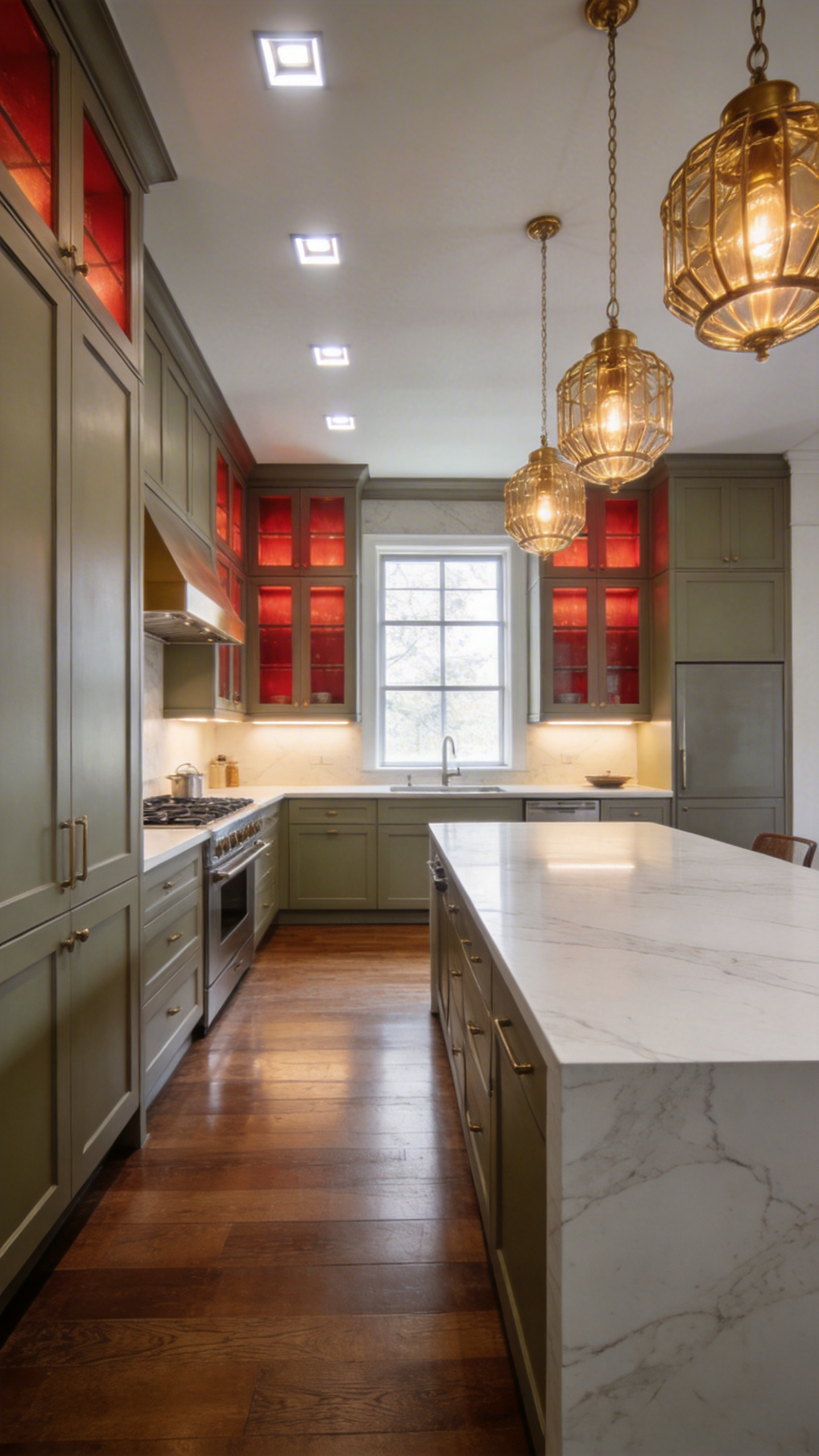 High-end kitchen featuring greige cabinets illuminated by a mix of warm pendant lighting and cool LED fixtures to demonstrate color perception.