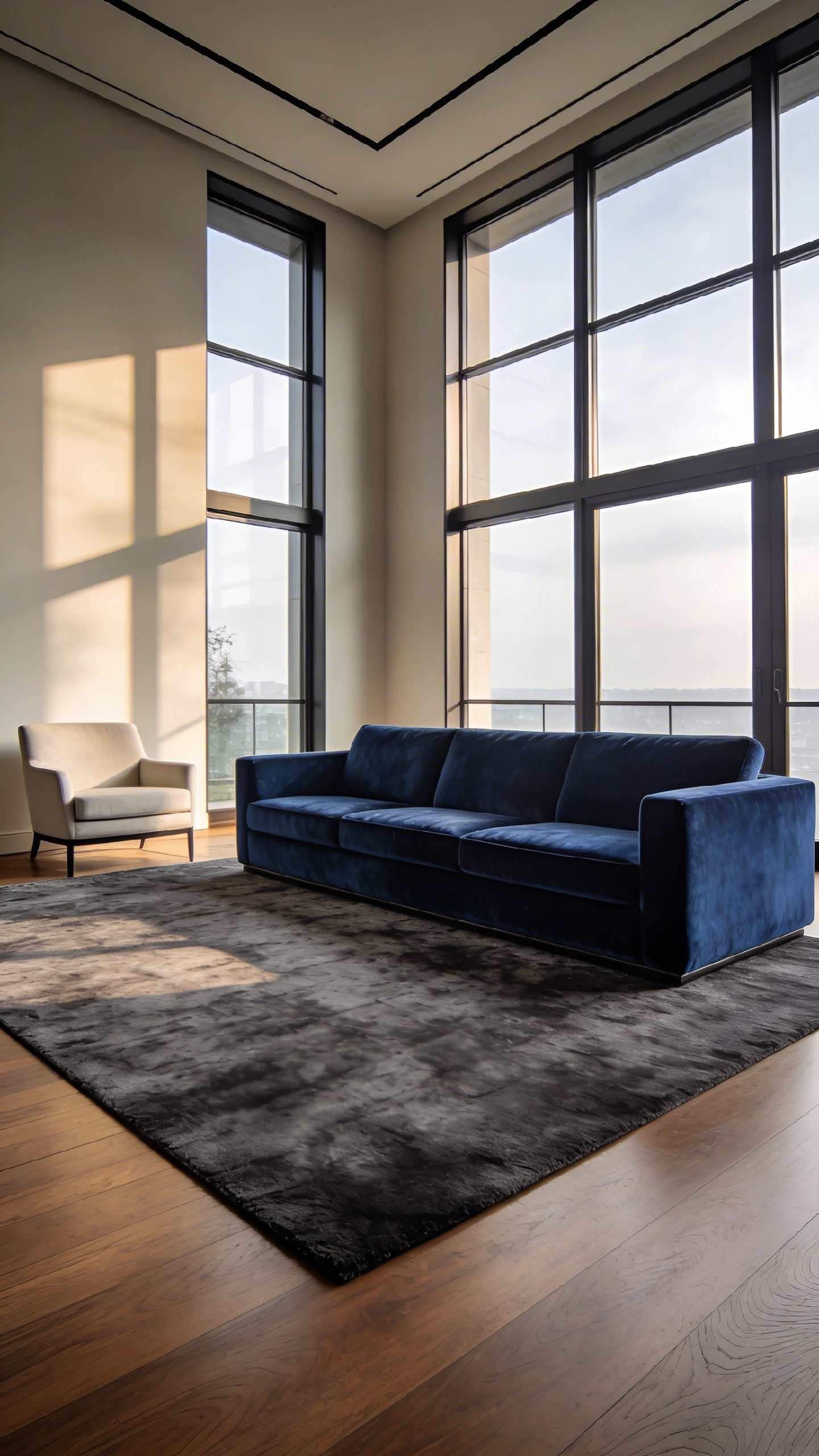 A deep navy velvet sofa on a dark textured rug in a modern luxury living room, demonstrating visual weight and color theory in interior design.