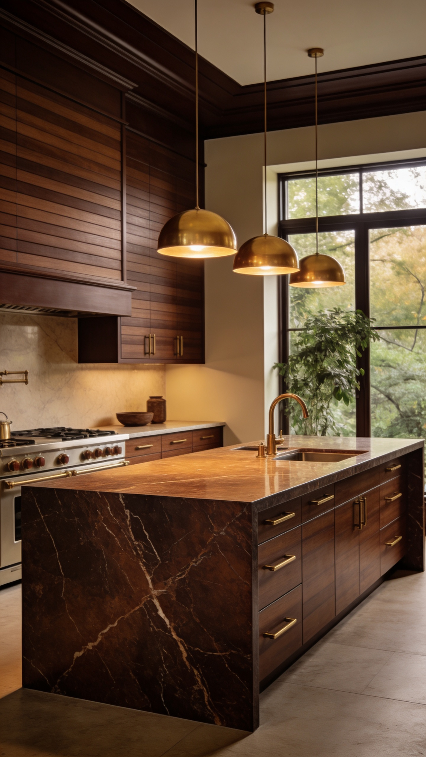 Detailed image of a luxurious kitchen featuring floor-to-ceiling walnut cabinetry and a dark marble island, emphasizing warm espresso and cocoa tones for a grounding, biophilic design.