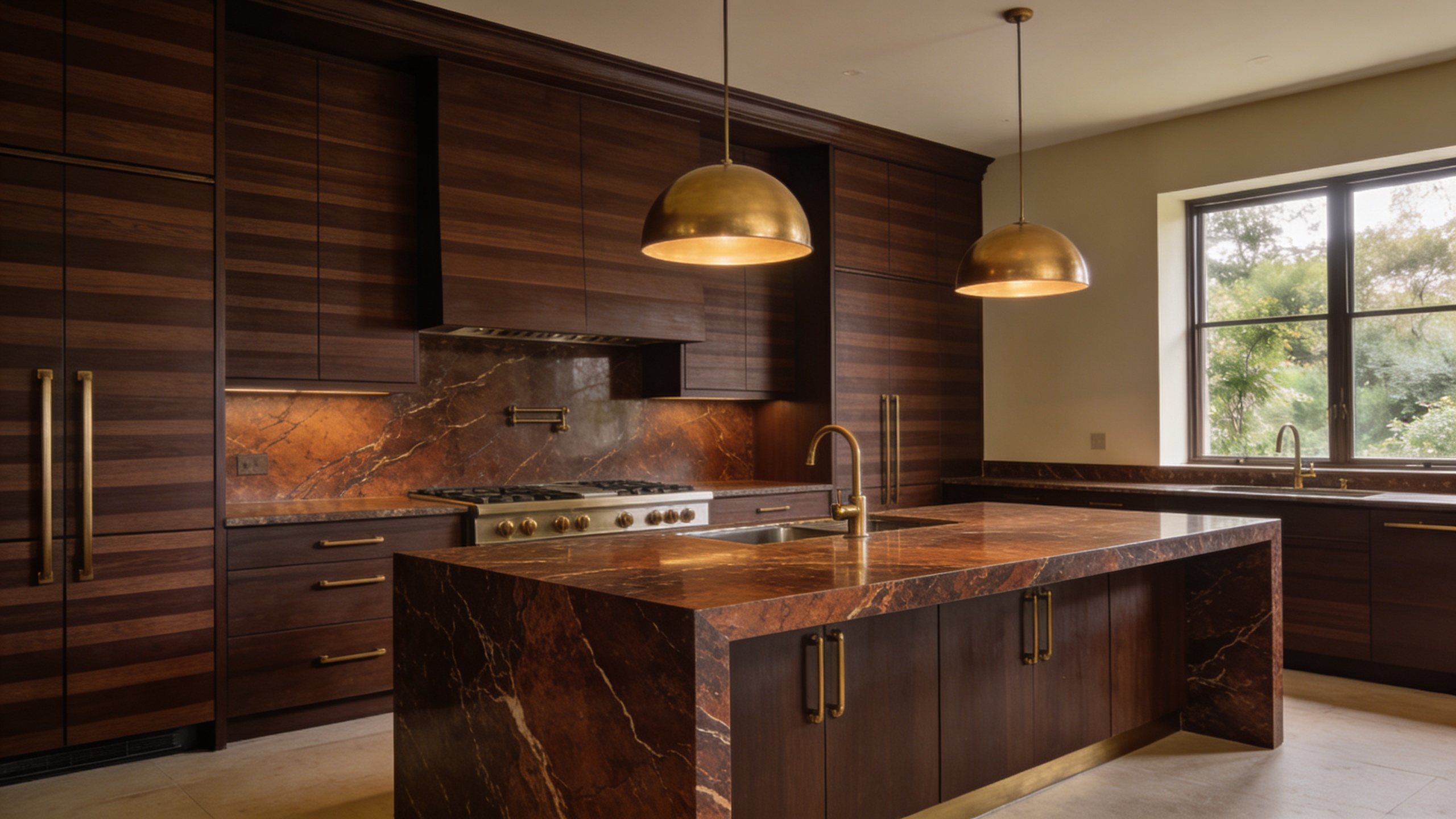 Detailed image of a luxurious kitchen featuring floor-to-ceiling walnut cabinetry and a dark marble island, emphasizing warm espresso and cocoa tones for a grounding, biophilic design.